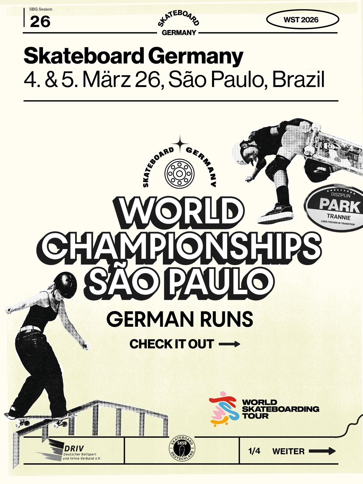 World Championship Sao Paulo 🇧🇷
Zeitplan für die Runs des deutschen Teams.
Checkt unsere Story für die Coverage! Es gibt einen offiziellen Livestream - die Links findet ihr in der Story @worldskatesb
Livescoring: https://live.rawmotion.com/parkwch25
#skateboarddeutschland #skateboardgermany