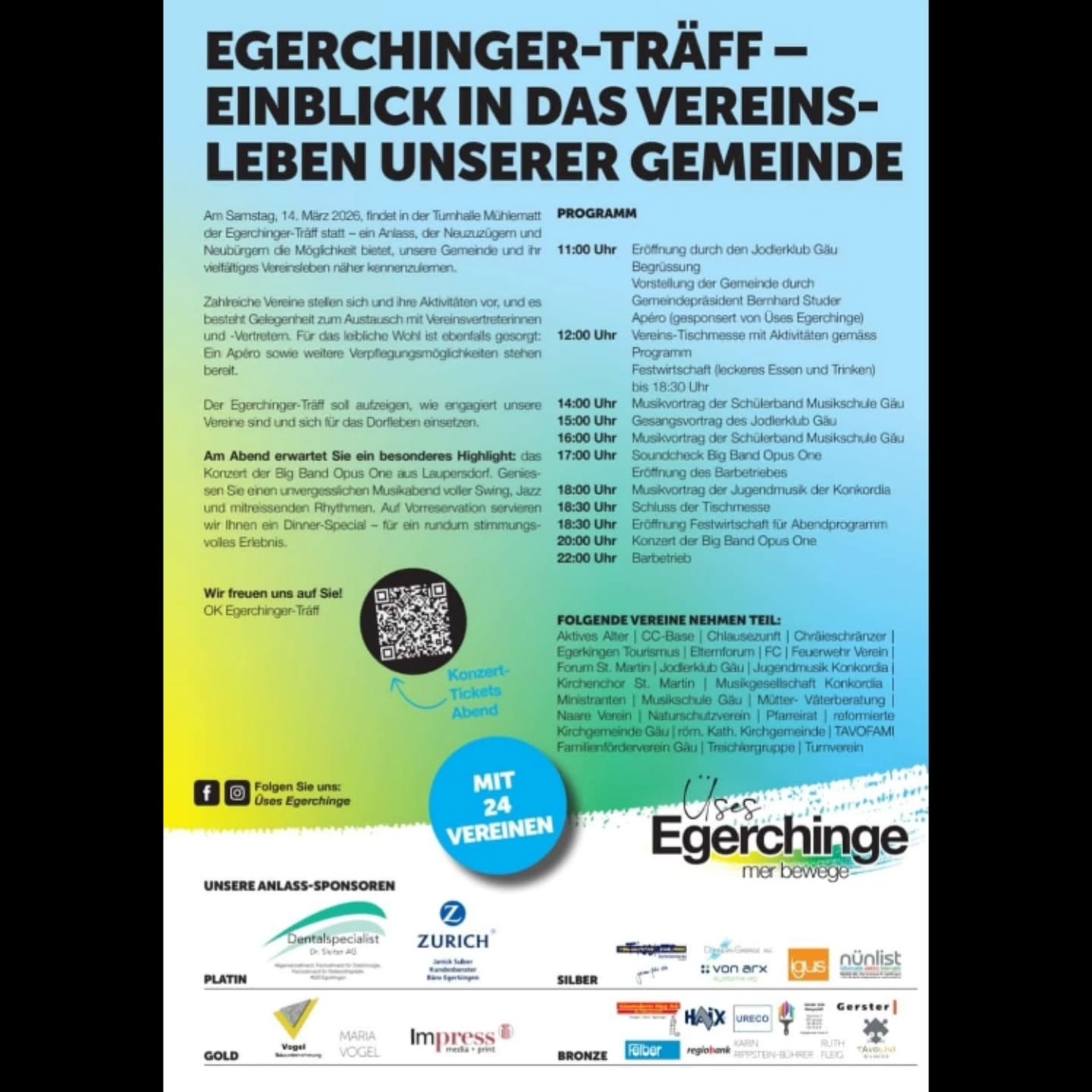 Der Egerchinger-Träff 2026 steht vor der Tür!
🗓 Samstag, 14. März 2026
🕚 ab 11:00 Uhr
📍 Turnhalle Mühlematt, Egerkingen
Lerne Egerkingen kennen, triff neue Leute und entdecke das vielfältige Vereinsleben. Wir freuen uns auf dich! 💙
#EgerchingerTräff #Egerkingen #Gemeinsam #ÜsesEgerchinge #Vereinsleben