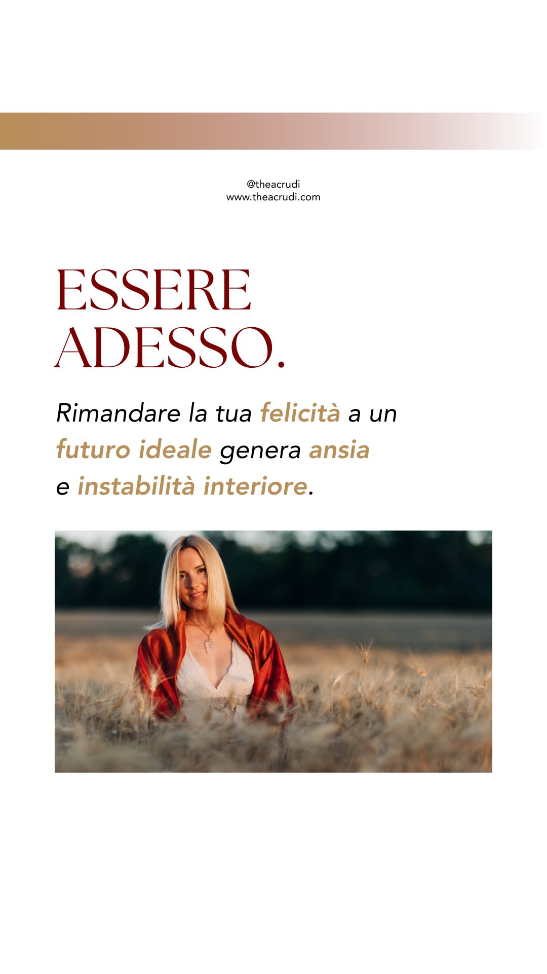 Ti ricordo che questi sono gli ultimi due giorni per accedere al videocorso “Il Vuoto e Il Pieno – Oltre l’Ansia della Mancanza” 💜
👉🏻 Le iscrizioni chiuderanno definitivamente domenica 1 marzo alle 23:59 (l’offerta Early Bird è ancora attiva).
Ti è mai capitato di pensare “quando diventerò così, allora potrò… allora cambierò tutto e sarò più felice?”.
Ecco, questo è un classico esempio di trappola mentale, uno scarto temporale che ci inganna e ci lascia bloccati:
tu sei qui,
ma la versione “giusta” di te
è sempre altrove.
Sempre più avanti.
“Poi la raggiungerò” ti dici e intanto nel presente nulla cambia, ma tutto è assorbito da un futuro non ancora tangibile.
Questo genere di mentalità crea in noi instabilità, ansia e spesso anche un senso di profonda mancanza, ma soprattutto ci impedisce di vivere con amore ciò che già siamo e di riconoscere ciò che già abbiamo.
Essere veramente liberi è smettere di rimandare la nostra presenza, legittimare la nostra esistenza e sentire di meritare di vivere.
Hai mai avuto questi pensieri?
💬 Commenta “Vuoto” per ricevere in DM info dettagliate sul videocorso o clicca sul link in bio!
Per smettere di distrarci
e iniziare ad abitare
il nostro Presente.
#videocorso #offerta #ansia #creascitapersonale #vuoto