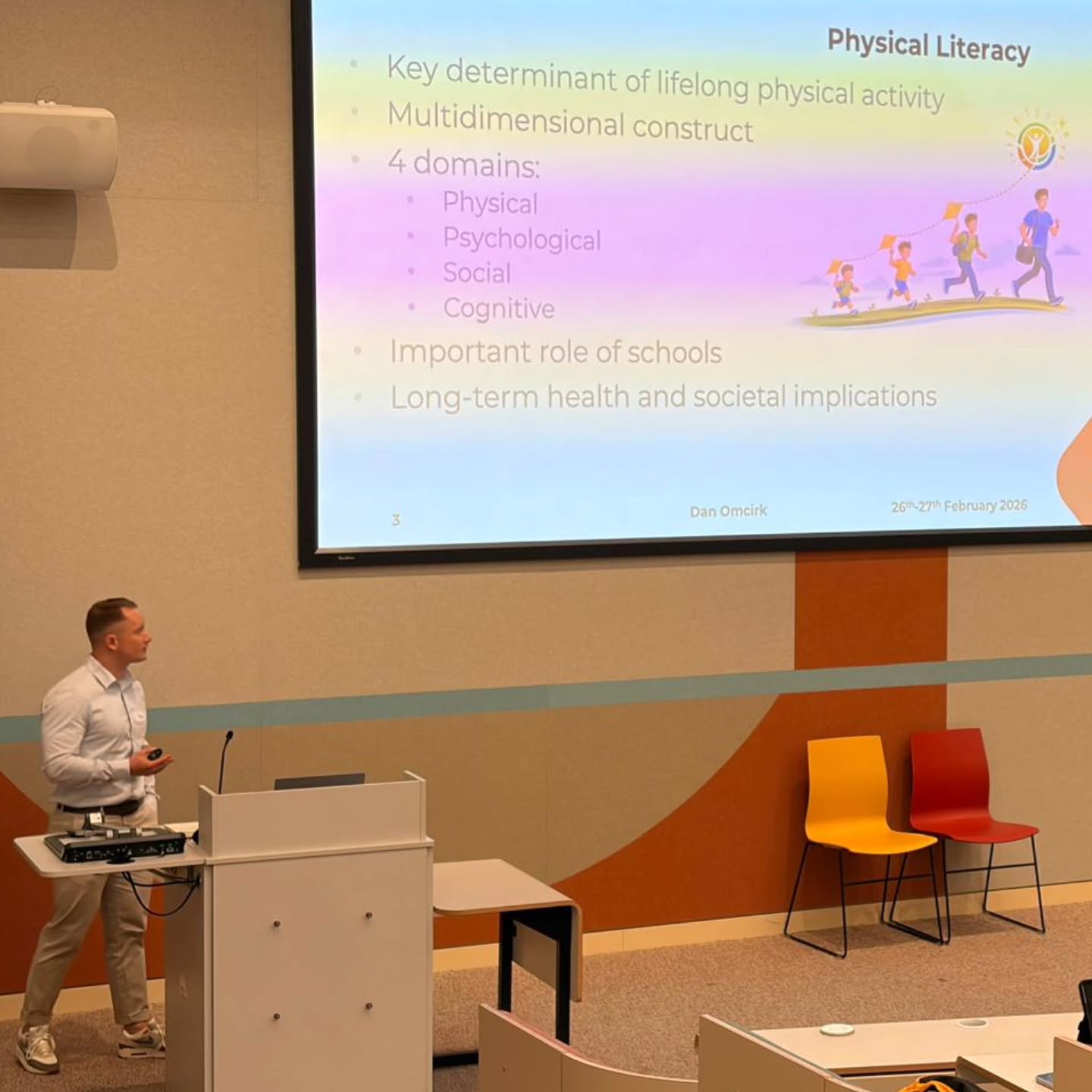 Dan presented in Dublin at the conference of the International Motor Development Research Consortium 🇮🇪
His contribution, “Validation of the PL-C Quest in Czech Primary School Children,” focused on introducing the validation process of the Czech version of a questionnaire designed to assess physical literacy in young primary school children.
Having a high-quality, validated tool to monitor physical literacy is essential. Higher levels of physical literacy in childhood are strongly associated with a more active and healthier lifestyle in adulthood. @chandlerka_