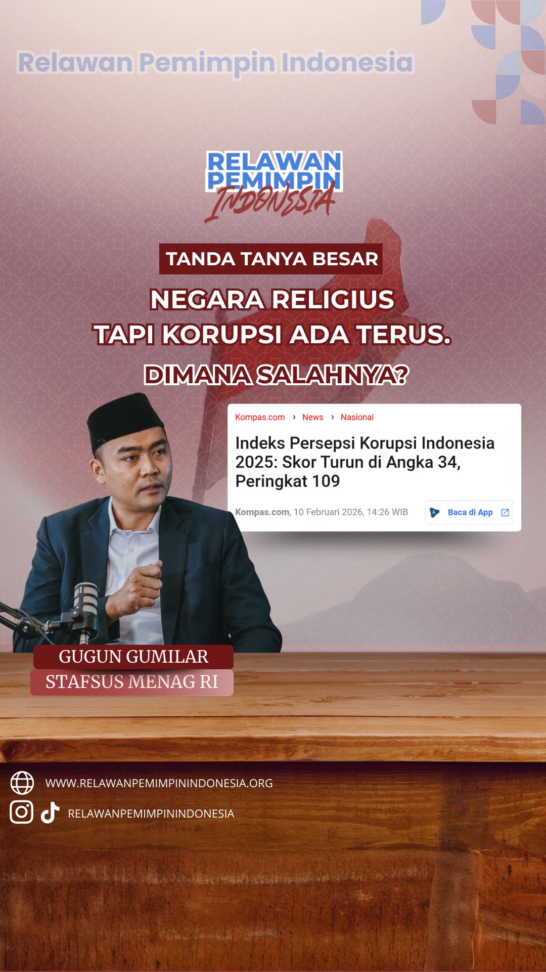 Indonesia dikenal negara religius tetapi korupsi masih ada terus. Kenapa bisa? 🤔
Dalam diskusi ini, Staf Khusus Menteri Agama Republik Indonesia, H. Gugun Gumilar, MA., Ph.D, memberikan penjelasannya. Salah satu solusinya ternyata ada di unit terkecil masyarakat, keluarga. Pembentukan karakter dan pribadi dimulai di lingkungan keluarga. 🏠
Bagaimana menurutmu?
Tulis dikolom komentar 👇
#RelawanPemimpinIndonesia #PendidikanKeluarga #AntiKorupsi