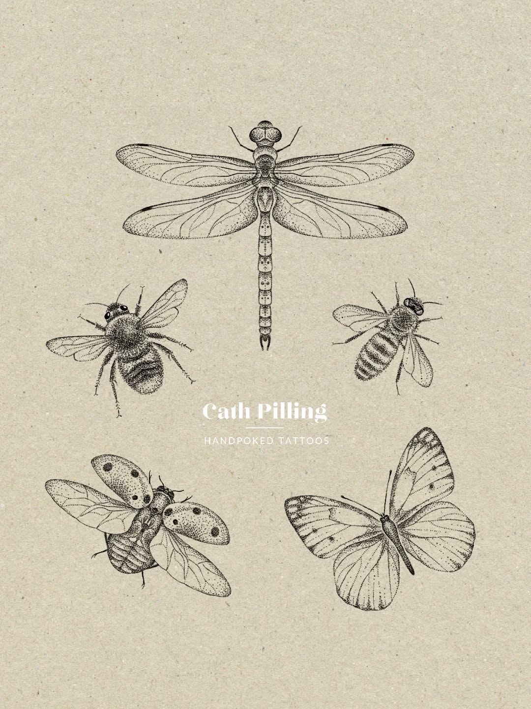 New flying pretties! All available to book from tomorrow - (Saturday 28th Feb) at 10am on my website. Each design is available to tattoo 3 times.
Which is your favourite? (I can only add up to 4 so the bees are together!)