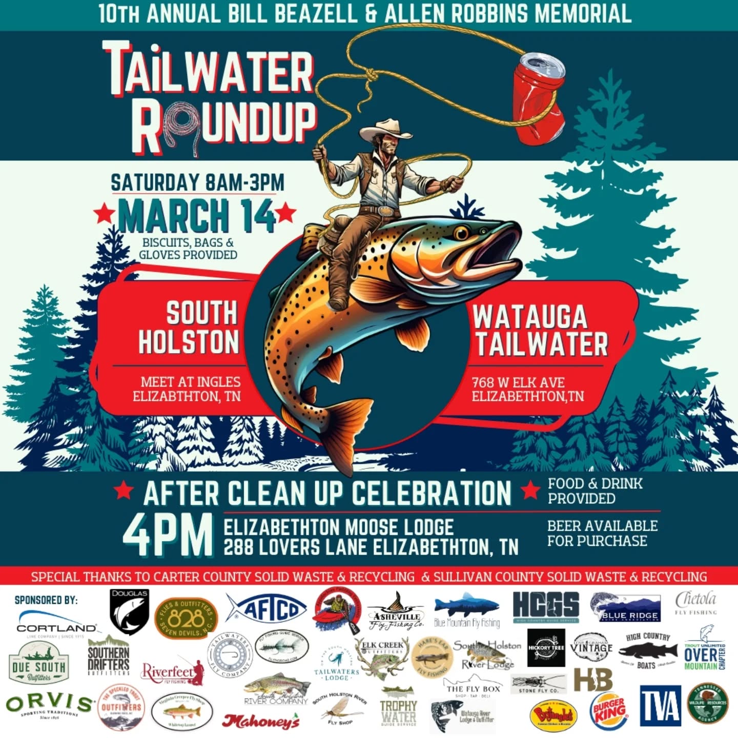 The Tailwater Roundup is less than TWO WEEKS away!
Join us on March 14 at 8:00 AM as we come together for the biggest cleanup of the year. This is our chance to make a major impact on our local waters and show what this community can do when we all pitch in.
📍 Ingles parking lot in Elizabethton
🗓 March 14
⏰ 8:00 AM
Bring a friend, and be ready to get a little dirty for a great cause. Let’s make this the most successful Tailwater Roundup yet!