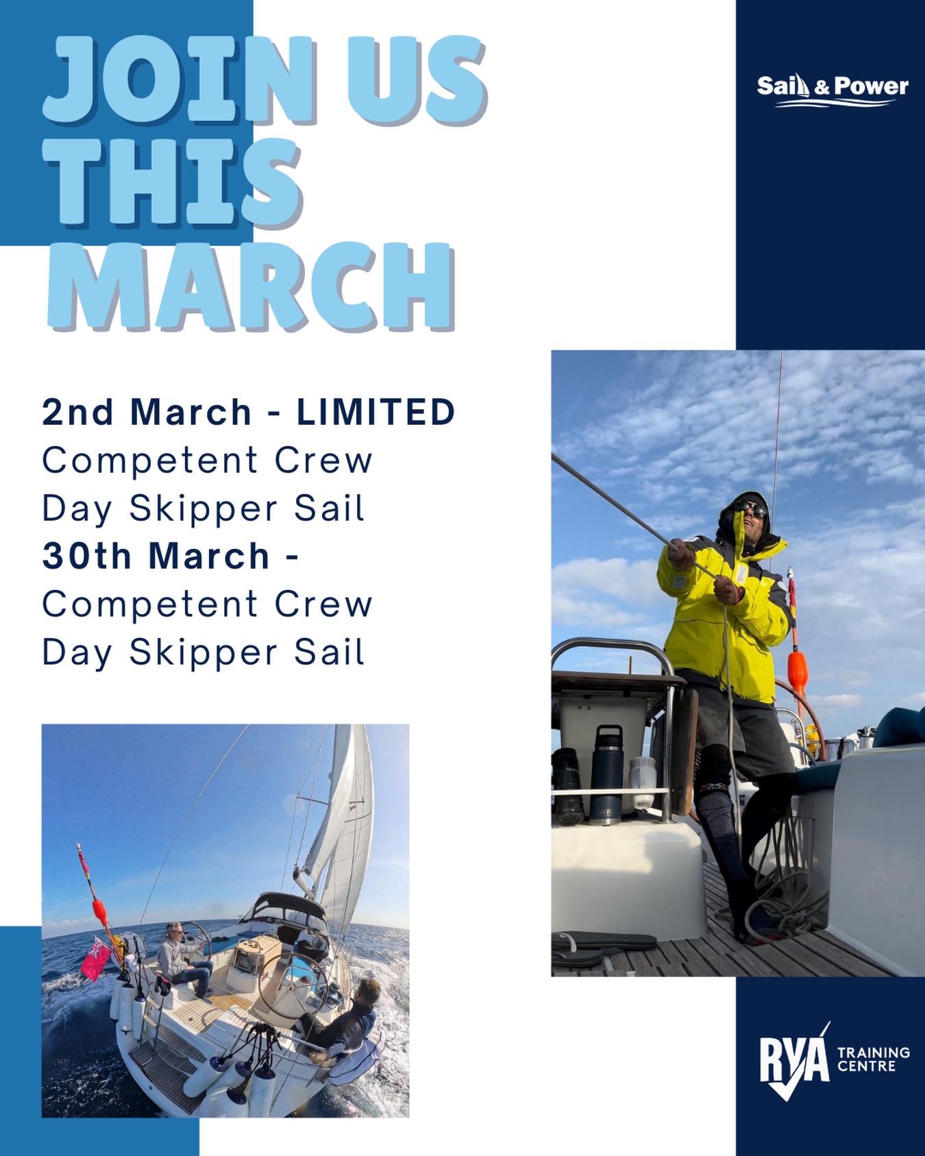 Set Sail with Us This March! ⛵️☀️
Ready to start your sailing adventure this March?!Contact us at info@sailandpower.es or send us a message on WhatsApp to learn more or express your interest.
Additional scheduling available upon request
📞+34621089785
📨info@sailandpower.es
🌐www.sailandpoweracademy.es
#sailingspain #sailingschoolspain #rya #ryaspain #marbella