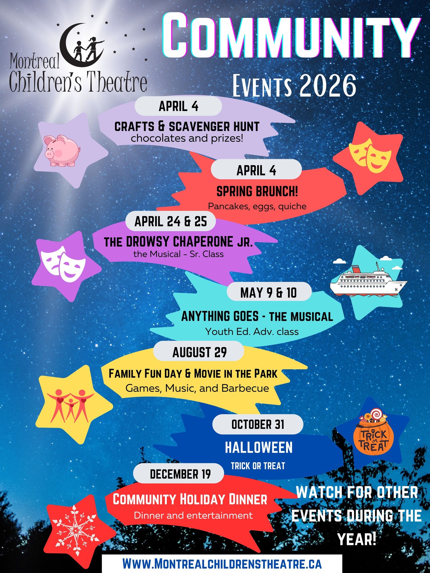 ✨ Événements communautaires 2026 ✨
Nous sommes heureux de partager notre calendrier d’événements communautaires pour l’année à venir.
Activités familiales, spectacles, repas communautaires et moments festifs tout au long de l’année.
Nous espérons vous voir à l’un ou plusieurs de ces événements.
Suivez-nous sur nos réseaux sociaux pour plus d’informations à venir.
--
✨ Community Events 2026 ✨
We’re happy to share our community events calendar for the year ahead.
Family activities, performances, community meals, and festive gatherings throughout the year.
We hope to see you at one or more of these events.
Follow us on social media for more upcoming information.
#MontrealChildrensTheatre #MCTCommunity #FamillesMontreal #MontrealFamilies #TheatreLife #VieTheatrale #CommunityEvents #EvenementsCommunautaires #MontrealKids