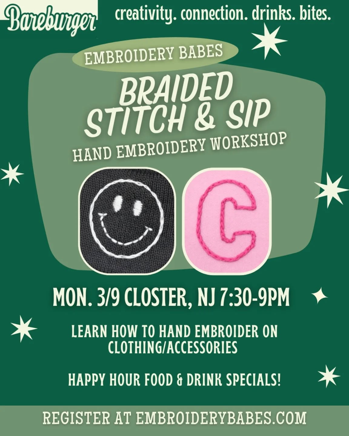 It’s going to be 50° tomorrow. We’re basically tropical🍹.
Which means: You need a jacket. Your jacket needs embroidery. And you need a girls night.
LAST CALL — Stitch & Sip at @bareburger_newjersey 3/9 in Closter.
Learn the braided stitch (perfect for beginners), sip happy hour drinks, bring something to upcycle, and leave with a piece you’ll actually wear all spring.
Almost sold out. Register now: embroiderybabes.com
#nj #closter #njcreatives #NJGirlsNight #embroideryfun