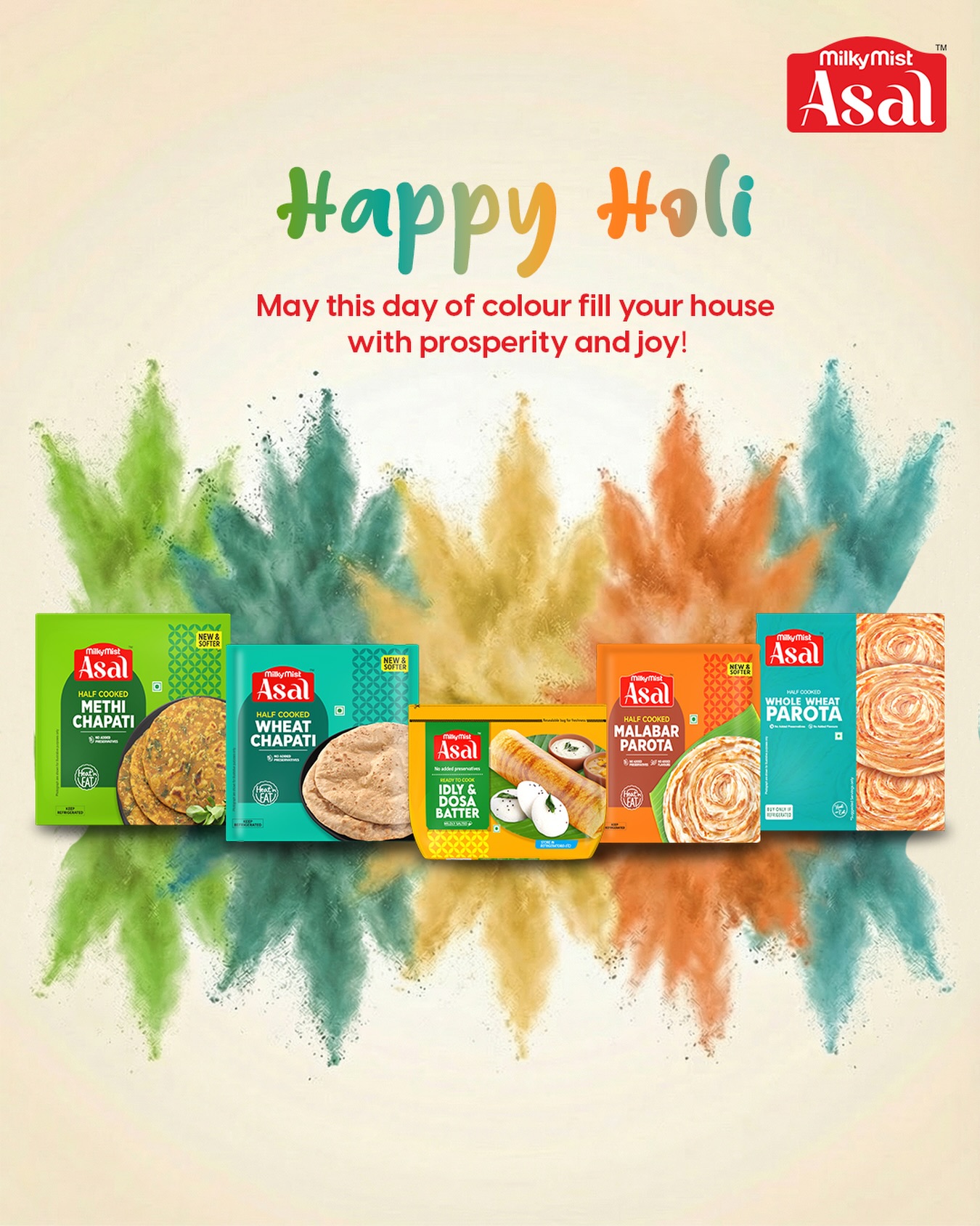 Celebrate Holi with flavours as vibrant as the colours around you. Let every meal add joy, warmth, and togetherness to your home. 💛💚🧡
#HappyHoli #AsalMoments #ColoursOfTogetherness #FestiveFlavours #MilkyMistAsal