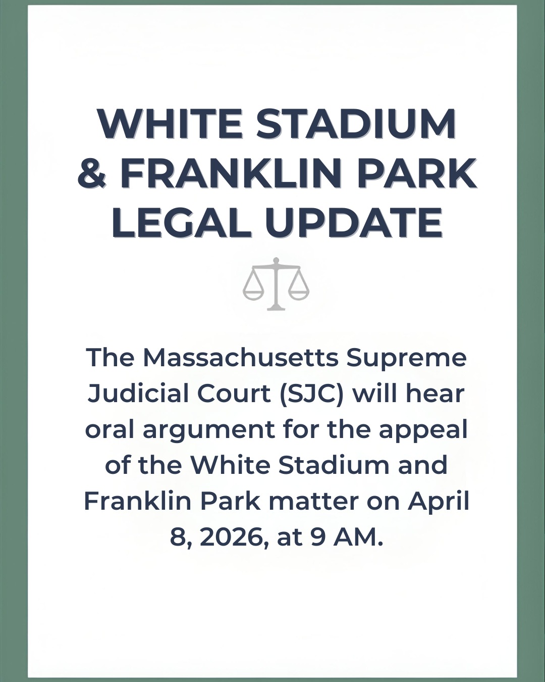 ⚖️ Legal Update: White Stadium & Franklin Park
The Massachusetts Supreme Judicial Court (SJC) will hear oral arguments in the White Stadium & Franklin Park appeal on April 8, 2026 at 9 AM.
This is a pivotal moment for public land, transparency, and the future of Franklin Park.
Stay informed. Stay engaged.
#SaveFranklinPark #PublicLand #TheresStillTime