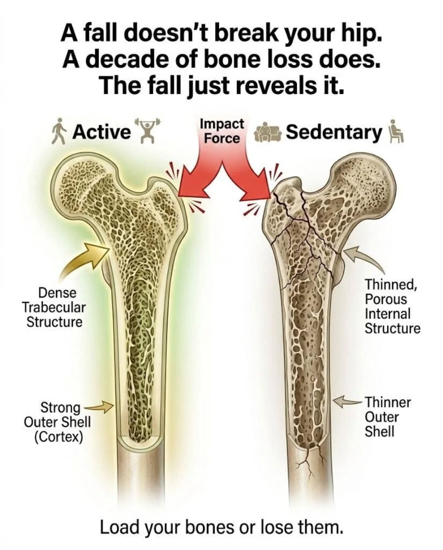 PROTECT YOUR BONES.
When someone breaks a hip from a fall, we blame the fall. But the fracture was years in the making.
Bone is living tissue. It responds to the demands you place on it. When you load your skeleton through weight bearing exercise, impact, and resistance training, your bones get denser and stronger. When you stop, they quietly thin.
After age 50, women can lose up to 20 percent of their bone density in the first 5 to 7 years after menopause. Men lose it more slowly but they lose it too.
The cruel part is you cannot feel it happening. Bones do not hurt as they thin. There is no warning sign until the day a minor fall becomes a major fracture.
This is why I tell every patient over 40: your bones need to be loaded. Walk. Climb stairs. Lift weights.
You are not exercising to burn calories. You are exercising to stay unbreakable.
If you or a loved one needs help to fall proof your bones get in touch!
