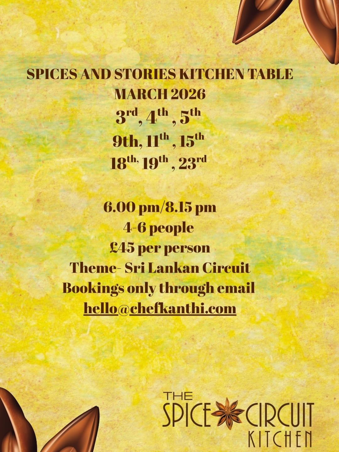 From Jaffna to Hirketiya Bay…
March Kitchen Table is all about my recent food tour to Sri Lanka and tasting all those delicious home grown recipes.
Can’t bring the weather but can bring the flavours to the table.
7 course tasting menu
4-6 per seating
£45 per person
To book email hello@chefkanthi.com