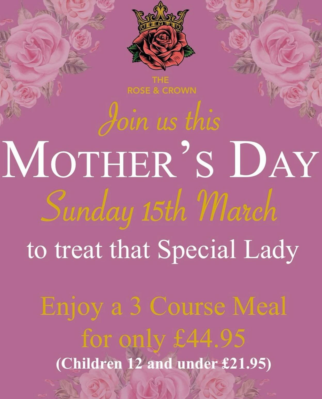 Make this Mother’s Day extra special 🌷
✨ 3 Course Meal – £44.95
✨ Children 12 & under – £21.95
✨ Sunday 15th March
Celebrate in style at The Rose & Crown and treat that special lady to a dining experience she’ll love ❤️
Tables are filling fast – reserve yours today!
📞 01277 410805
🌐 www.theroseandcrownbrentwood.co.uk
#MothersDayLunch #BrentwoodEvents #EssexFoodies #FamilyDining #MothersDayPlans CelebrateTogether RoseAndCrownBrentwood