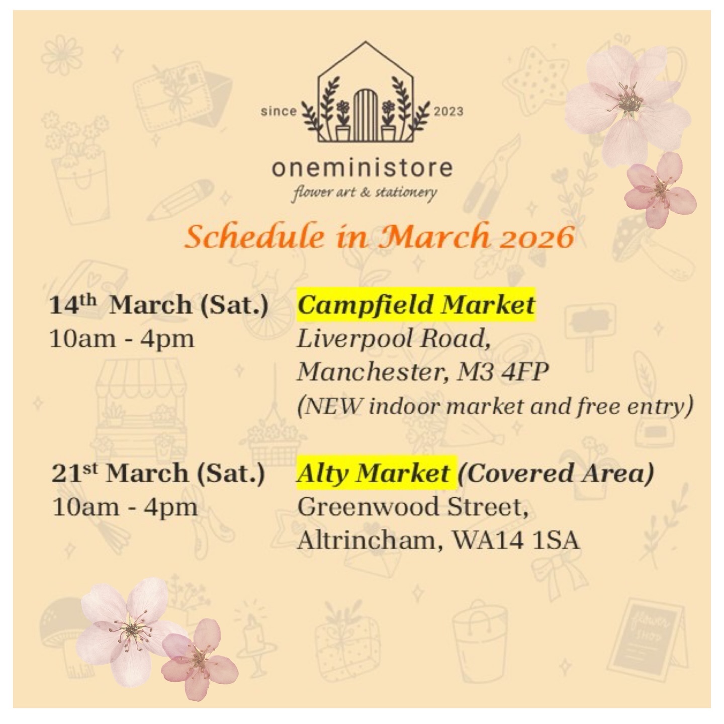 🎏𝐒𝐜𝐡𝐞𝐝𝐮𝐥𝐞 𝐢𝐧 𝐌𝐚𝐫𝐜𝐡 𝟐𝟎𝟐𝟔
Spring has finally arrived.😍
Under the blossoms of the early sakura🌸, 𝗼𝗻𝗲𝗺𝗶𝗻𝗶𝘀𝘁𝗼𝗿𝗲 is ready to begin our regular weekend market schedule again.
In March, we will be at 𝐂𝐚𝐦𝐩𝐟𝐢𝐞𝐥𝐝 𝐌𝐚𝐫𝐤𝐞𝐭 and also back at 𝐀𝐥𝐭𝐲 𝐌𝐚𝐫𝐤𝐞𝐭 in Altrincham. We hope these two different locations will make it easier for our long term returning customers to visit us. Which one do you prefer more? Let us know!
It is not always easy to find good market locations that also welcome non maker traders, so we truly hope these two venues will work well and be convenient for many of you. In April, we will also be adding one more location in Manchester, so please stay tuned for more updates.😊
As Spring arrives, many new designs and restocks from Japan will be arriving between March and April. Please keep an eye on our IG and FB posts, or come and have a look when you visit us at the markets.
Hope to see you in markets soon!
@campfieldmarket
@altymarket
#oneministore #mobilestationeryshop #onlineshop #stationery #Manchester