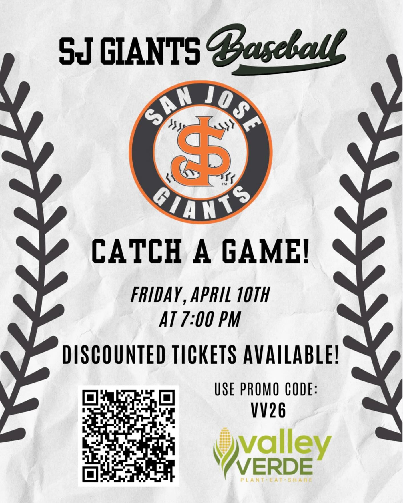 ⚾️ Valley Verde x San Jose Giants ⚾️
We’re excited to partner with the San Jose Giants for a fun night at the ballpark! 🎉 Come out, enjoy the game, and support community programs while connecting with friends, family, and neighbors.
🗓 Friday, April 10th at 7:00 PM
📍 San Jose Excite Ballpark
588 E. Alma Ave
San Jose, CA 95112
🎟 Discounted tickets available for our community!
Use promo code: VV26
Get your tickets here:
https://mlb.tickets.com/schedule/?agency=MILB_MPV&orgid=56749#/sales_group_code;salesGroupId=12360
Bring your friends, bring your family, and let’s celebrate community together at the game! 🌱⚾️
#ValleyVerde #Community #SanJose #SanJoseGiants CommunityPartnership SupportLocal CommunityEvents BayAreaEvents CommunityGarden FamilyFun BaseballNight