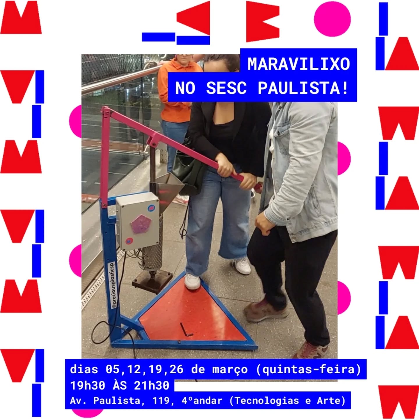 ATIVIDADE ABERTA E GRATUITA:
♻️ PROJETOS ABERTOS DE RECICLAGEM DE PLÁSTICO: Construção de Injetora ♻️
Começando o ano com uma parceria que amamos! 🤍🤍
A partir desta quinta-feira, dia 05 de Março, a #maravilixo te espera mais uma vez, juntamente com o educador Daniel Seda em uma atividade aberta e gratuita no 4o andar do @sescavpaulista !
Ao longo do mês de Março, participaremos de uma atividade que tem como objetivo a construção de um dos maquinários do projeto #preciousplastic . Este é um projeto internacional que disponibiliza tecnologias de reciclagem de plástico em código aberto, para que qualquer pessoa que tenha os conhecimentos técnicos necessários possa adquirir os materiais e construí-las.
O maquinário deste primeiro módulo de 4 semanas é uma injetora de plástico e sua construção terá início nesta quinta-feira, dia 05/03, e será finalizada ao longo dos outros encontros semanais do mês de Março, toda quinta-feira!
Esse maquinário é um dos mais utilizados em nossas oficinas e permite a criação de diversos objetos a partir de moldes e de resíduo plástico pós-consumo!
Em nossa mais recente participação no Ateliê Aberto do Sesc Paulista, em Junho/25, fizemos experimentações a partir da nossa injetora com resíduos de PLA (o plástico usado para impressão 3D) gerados pelas unidades do Sesc e criamos objetos lindos e duradouros, além de super coloridos!
Venham colocar a mão na massa mais uma vez conosco e construir essa injetora! O equipamento permitirá o fechamento do ciclo do PLA e a continuidade deste ciclo na unidade do Sesc Av Paulista!
Datas, horário e local:
- 05, 12, 19 e 26 de Março (quintas-feiras)
- das 19h30 às 21h30
- Local: Av Paulista, 114 - 4º andar (Tecnologias e Artes)
Vagas limitadas com retirada de ingresso 30 minutos antes, no local.
Esperamos vocês para essa atividade com muita colaboração, aprendizados e conscientização!
#educacaoambiental #reciclagem