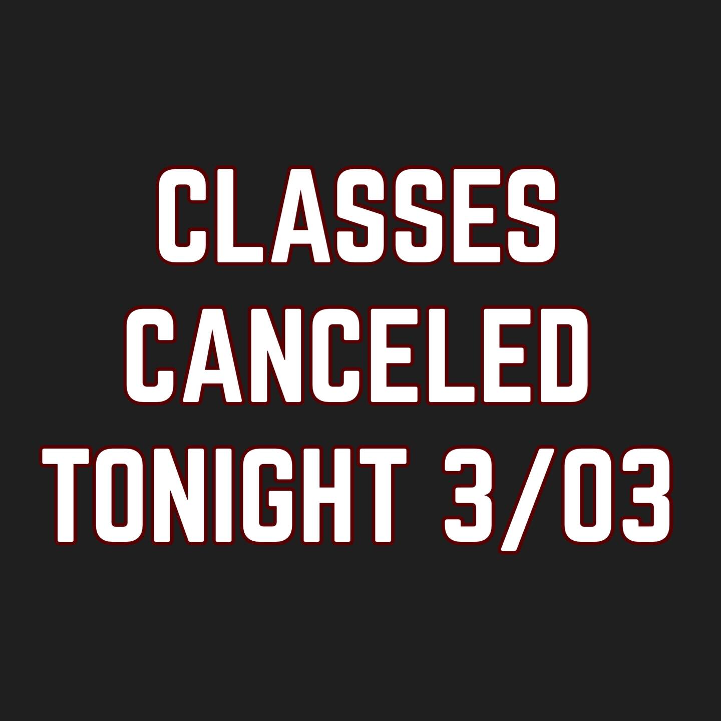 Due to bad road conditions we are canceling classes tonight. Stay safe everyone!