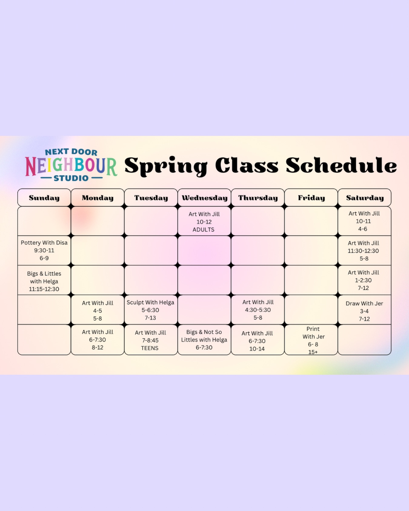 🌟SNEAK PEEK🌟
Y’all have been asking so here’s a preview of the confirmed classes next semester starting the first/second week of April and running 10 weeks. Potentially more to come (definitely more mini courses)!
Registrations will be live on our Website next Friday March 6th so stay tuned!
And if there’s something you’re hoping for for mini courses, classes or workshops let us know! We’re always curious.