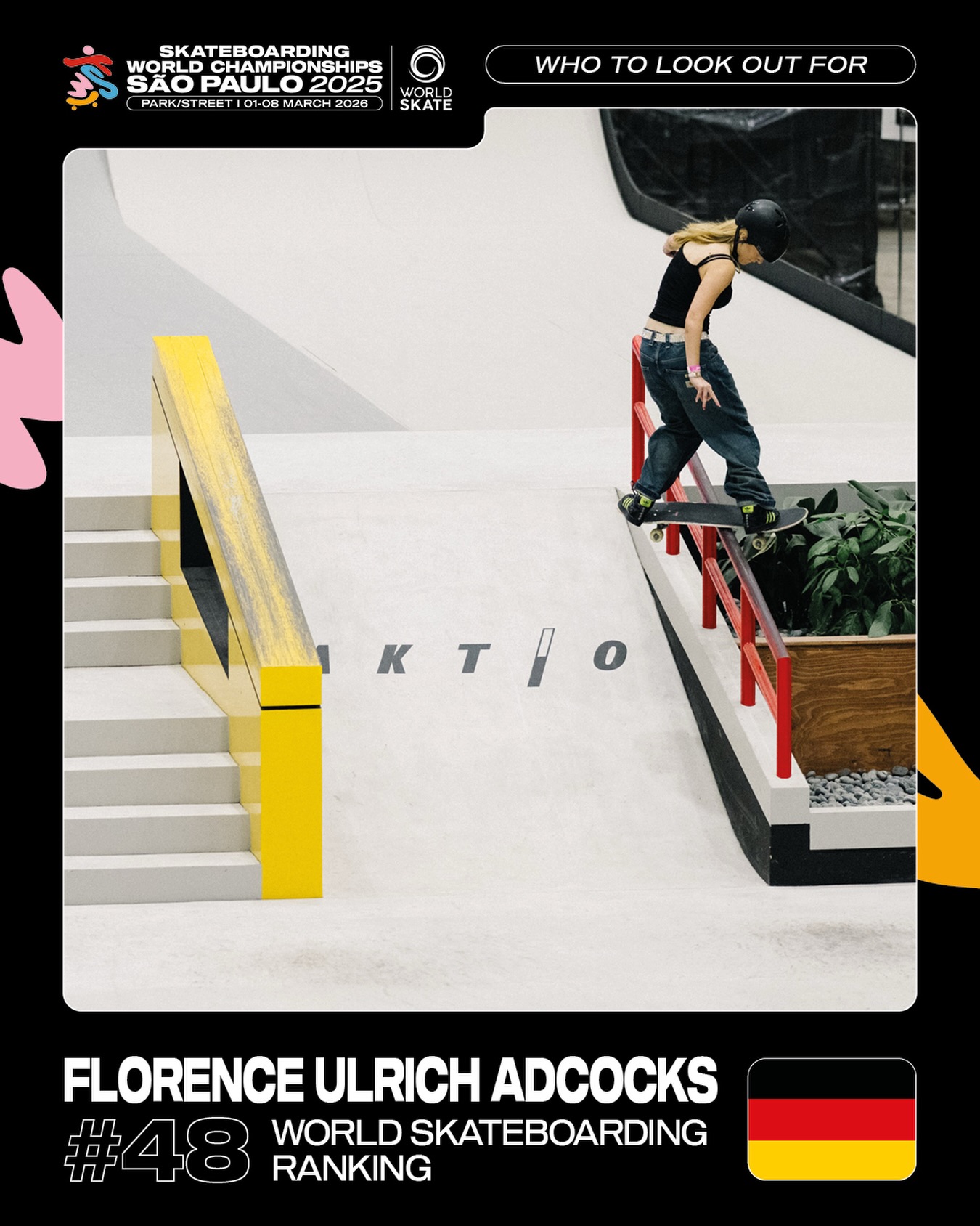 Look out for @florenceulrich03 at the World Championships in Sao Paulo 🇧🇷 @worldskatesb #skateboardinggermany #worldskate @skatetotalurbe