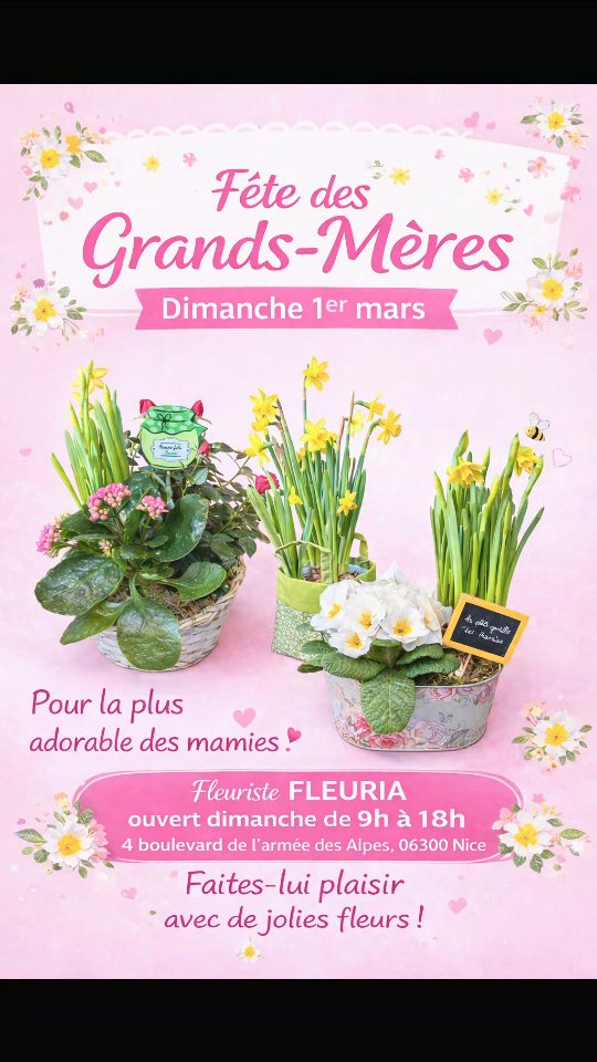 🌸💖 FÊTE DES GRANDS-MÈRES – Dimanche 1er mars 💖🌸
Ce dimanche, célébrons toutes les mamies comme elles le méritent ! 👵✨
Un sourire, une attention, un bouquet rempli d’amour… c’est l’occasion parfaite pour lui rappeler combien elle compte pour vous.
🕘 Magasin ouvert de 9h à 18h.
Venez trouver le cadeau idéal pour faire fondre le cœur de votre mamie 💐💝
💬 “Mamie, ton amour est le plus doux des trésors.”💕
📍Fleuriste Fleuria
4 boulevard de l'Armée des Alpes
06300 Nice
📞 04 93 26 52 03
🌐 www.fleurianice.com
On vous attend nombreux pour préparer une jolie surprise ! 🌷✨
#FeteDesGrandsMeres #MamieOnTAime #IdeeCadeau #FleuristeNice #AmourDeMamie 💐