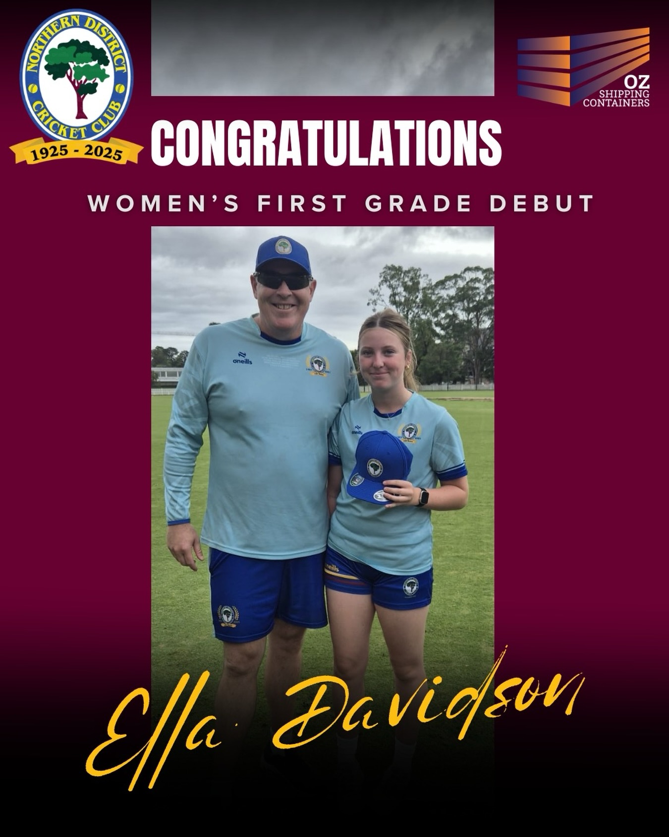 Women’s 1st Grade Debut – Ella Davidson 🌳
Proudly brought to you by Oz Shipping Containers
ND’s would like to congratulate Ella Davidson on her 1st Grade debut for the club, receiving cap number 188.
On the back of a very consistent season in Brewer Shield and 2nd Grade, including two consecutive five-wicket hauls in the previous two games, Ella earned her opportunity in 1st Grade this week.
Ella bowled really well in her 7 overs on debut, marking a special milestone in her cricket journey.
Congratulations Ella on your 1st Grade debut for the Rangers.