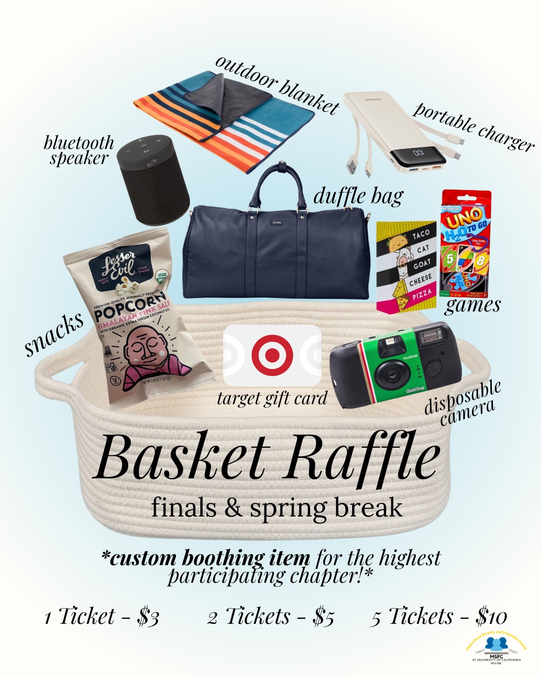 Want to win a basket to celebrate finals and make spring break even better? Purchase our raffle tickets today with the QR code or our link in bio!
Link: https://tinyurl.com/42ch98m5
