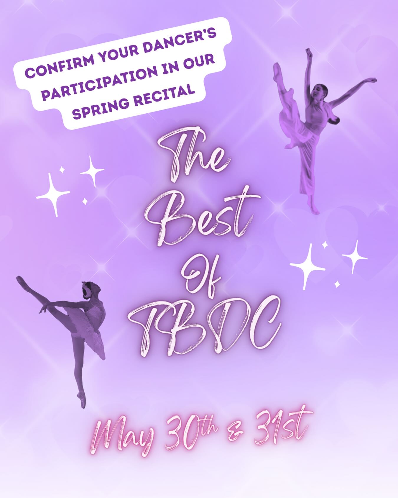 Be sure to confirm your dancer’s participation in our Spring Recital: The Best of TBDC💜
This production will celebrate six years of TBDC choreography, featuring revisited favorites, as well as some new works! We can’t wait to share this special performance with you all!✨
#NYCDanceClass #NYC #KidsDance #Dance #TylerBrownDance