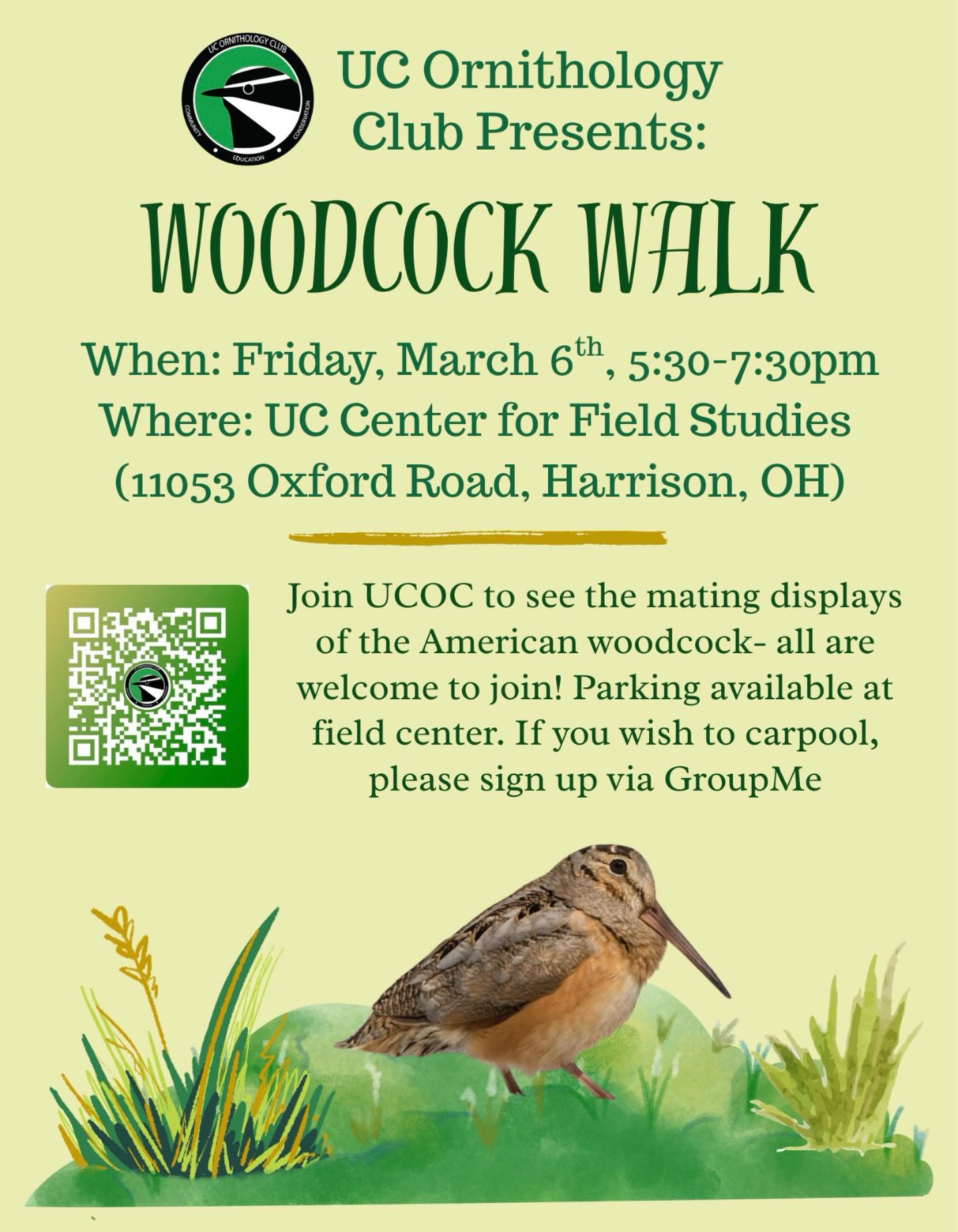 Hey! @ucornithologyclub will be having a bird walk at the field center this Friday! Come join to see the American Woodcock and their mating displays! This bird is special and only do their amazing display at this time of year! You don’t want to miss it!