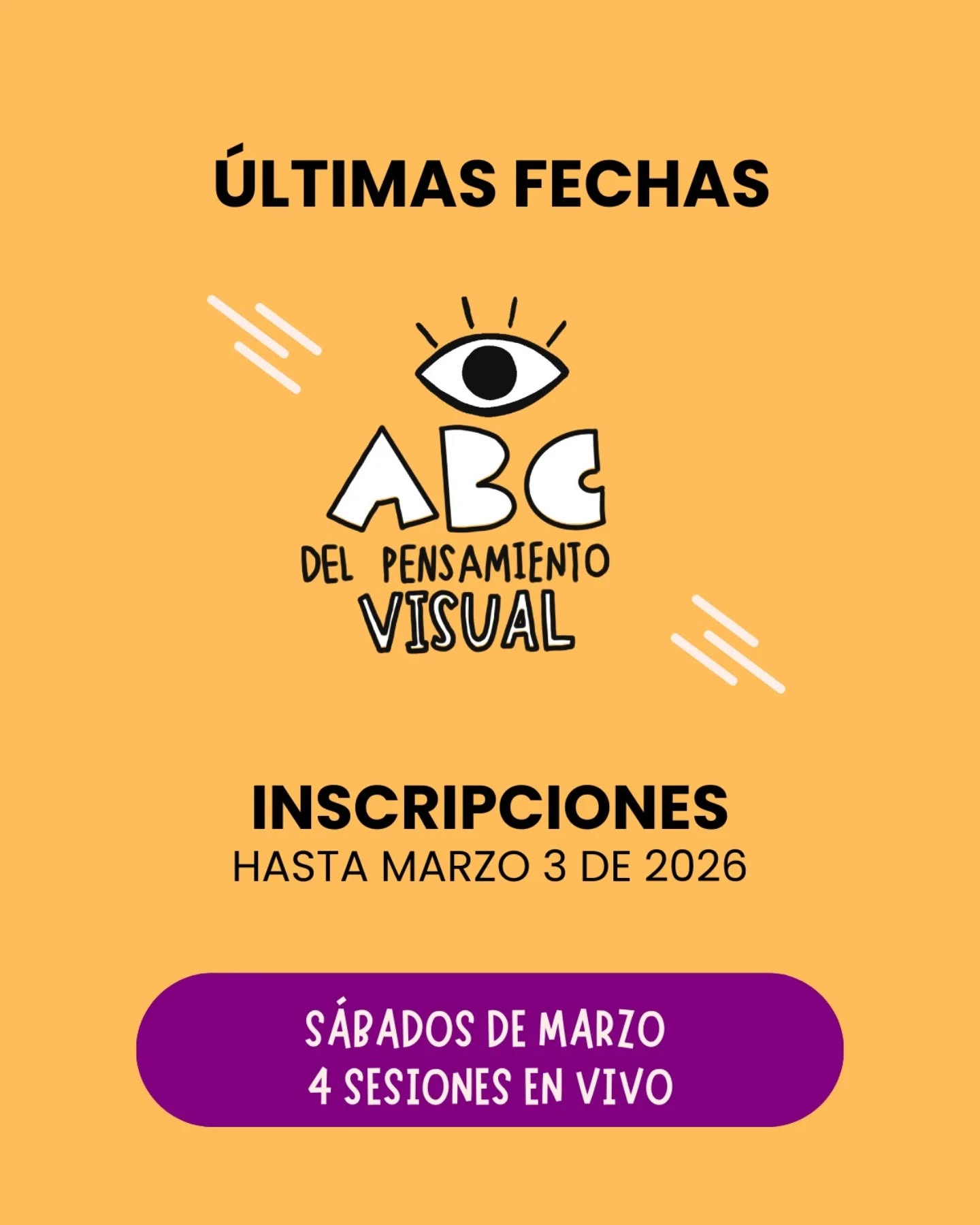 🛎️ ¡Últimos 2 dias de inscripciones!
👀🧠 El Curso ABC del Pensamiento Visual es una experiencia práctica para aprender a ver, simplificar y comunicar ideas con claridad.
A lo largo de 4 sesiones grupales en vivo, recorreremos un proceso progresivo para aplicar el pensamiento visual en tu trabajo y tus proyectos:
Conectar
Comprender los fundamentos del pensamiento visual y aprender a observar las ideas de otra manera.
Visualizar
Organizar información usando mapas, jerarquías y estructuras que hacen visible lo importante.
Escuchar
Desarrollar la capacidad de síntesis para capturar conversaciones y convertirlas en comprensión compartida.
Transformar
Usar lo visual para facilitar reuniones, tomar decisiones y activar procesos colectivos.
Cada sesión dura 3 horas e incluye ejercicios prácticos, plantillas, recursos descargables y mentorías personalizadas según la modalidad.
📅 Nos encontramos los 4 sábados de marzo de 2026, en formato virtual y en vivo.
Si quieres que tus ideas sean más claras, más visibles y más fáciles de compartir, este espacio es para ti.
👉 Inscríbete en el link de la bio — Inscripciones abiertas hasta marzo 3 de 2026
🌐 Conoce más en alerovisual.com
#PensamientoVisual #VisualThinking #FacilitaciónGráfica #ComunicaciónVisual #AprendizajeVisual
