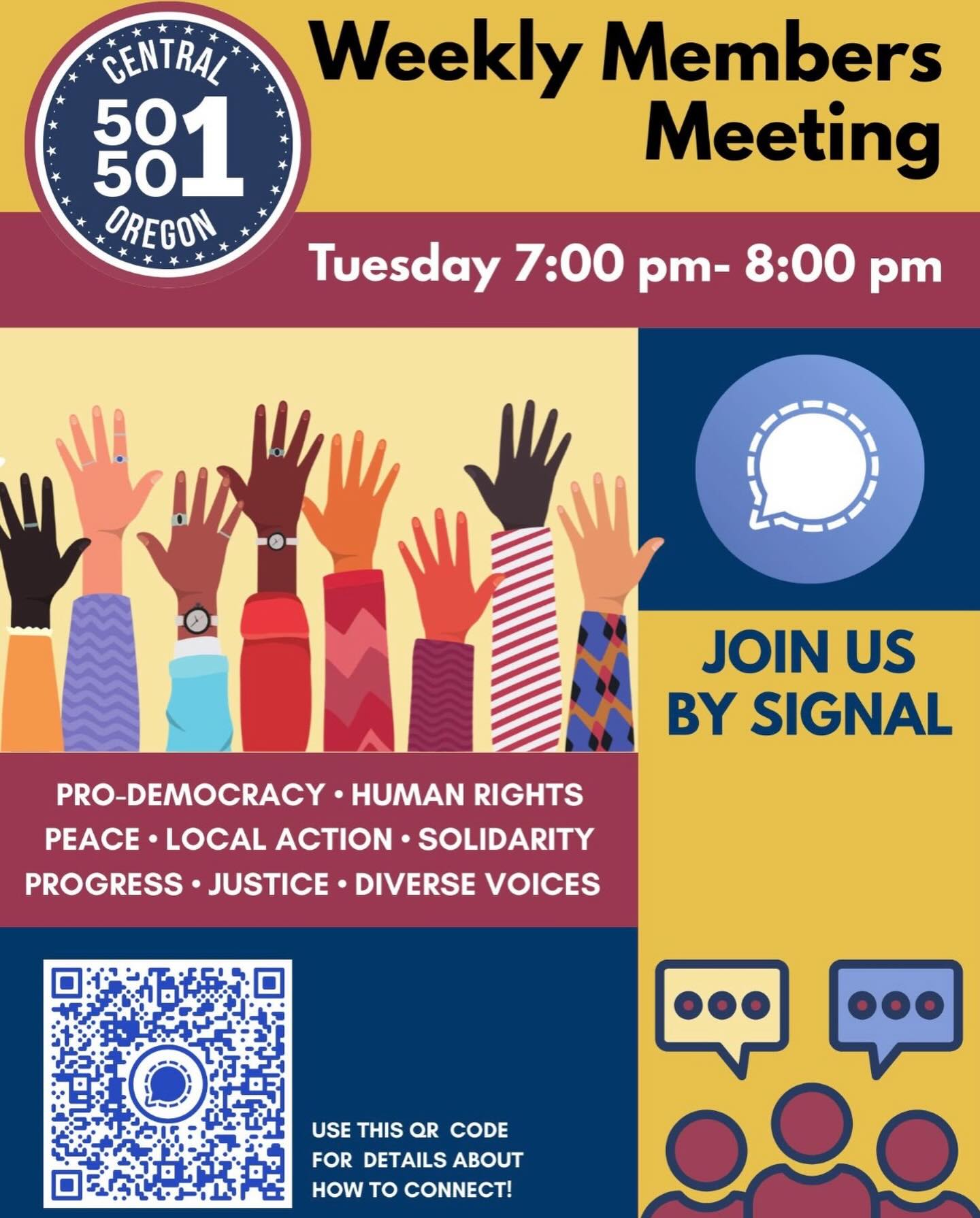 Did you know we started a weekly signal call that everyone is invited to?
TUESDAY evenings 7pm
We are very excited to have Karim Bouris and Freddy Finney-Jordet at our member meeting tomorrow. We’ll be talking about Iran/Palestine, and districting in Deschutes County.
Join today!
Link in bio
https://signal.group/#CjQKIBcQnF07-dIED5DplnJYnCaeeSvwpBol_W0Y_l-E2AZPEhB3SDjdscBYZ2JOuVzLeJNW
50501 Central Oregon Signal Member Meeting.
3/3/26 7:00 on signal.
