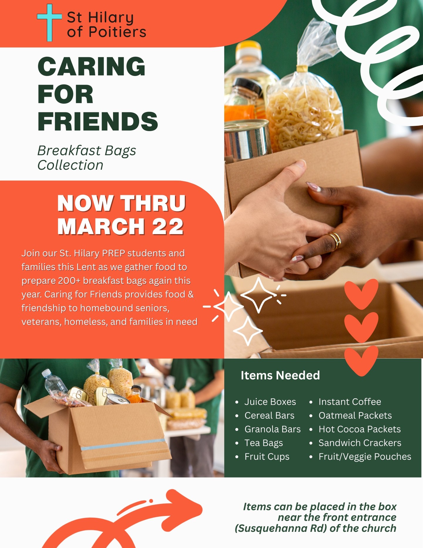 Consider contributing to our Parish Religious Education Program (PREP) Lenten Project by bringing in non-perishable food items to help us pack 200+ breakfast bags for homebound seniors, veterans, the homeless, and families in need. Thank you!