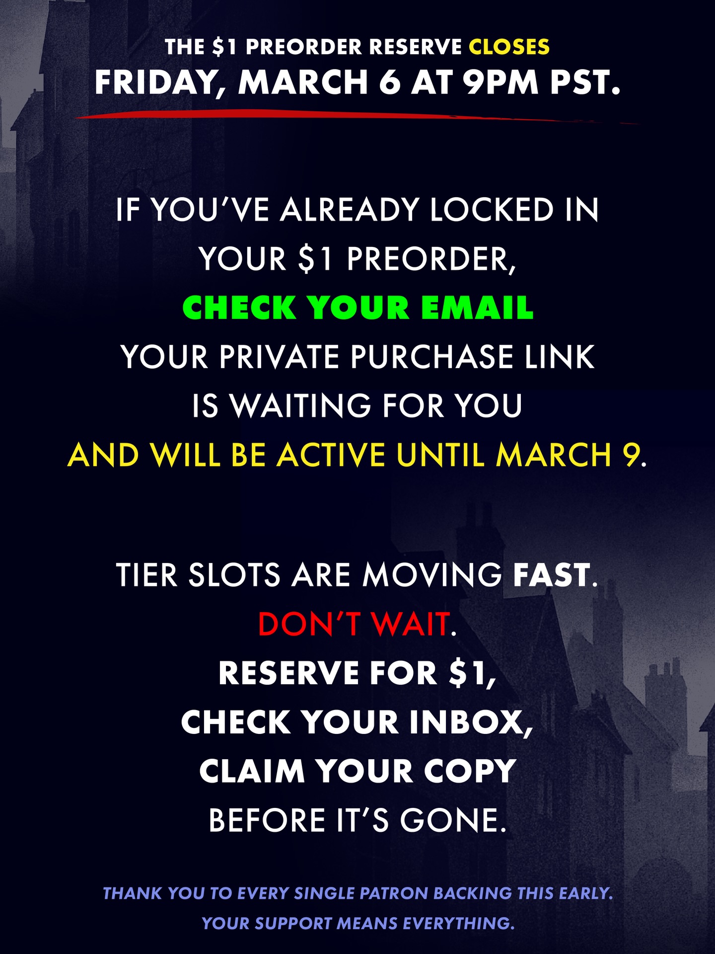 Don’t miss your window to reserve early.
Already reserved? Your private purchase link is in your email right now‼️waiting for you to lock in your pledge before Kickstarter opens to the public.
You private purchase link is active until Monday, March 9 at 9PM PST.✅
The $1 Preorder Reserve ends Friday, March 6 at 9PM PST.⚠️