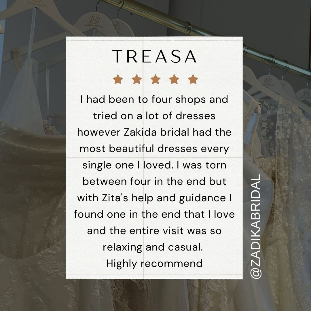 So grateful when my brides take the time to share their experience like this 🤍
Thank you Treasa for your beautiful words. After visiting so many shops, it means the world that you found your dream dress with us. I’m so glad we could make the experience feel relaxed, special and completely you.
Helping you choose between your favourites and finally finding the one was such a joy ✨
Moments like these are exactly why I love what I do 🤍
#ZadikaBridal #BrideExperience #IrishBrides #SayYesToTheDress