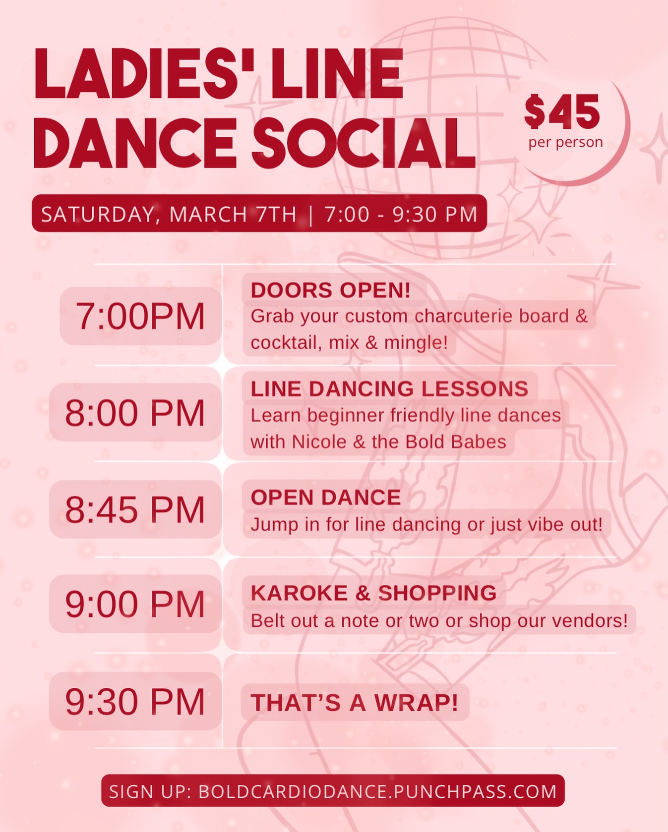 This Saturday! 👢❤️
Pull on your fav cowgirl boots (or sneakers are fine too!) and come mix, mingle, and dance with the Bold Babes!!
✨ Every ticket includes a custom made charcuterie board & 2 fancy cocktails from @gud.libations 🍹
✨ As well as a night full of dancing and FUN with the Bold Staff!
We have a few more tickets left, don’t miss out!! (Link in bio to sign up!)
PS - we are still also accepting vendors! DM me!
See ya there!
#linedancing #localevents #dallasga #hiramga #pauldingcounty
