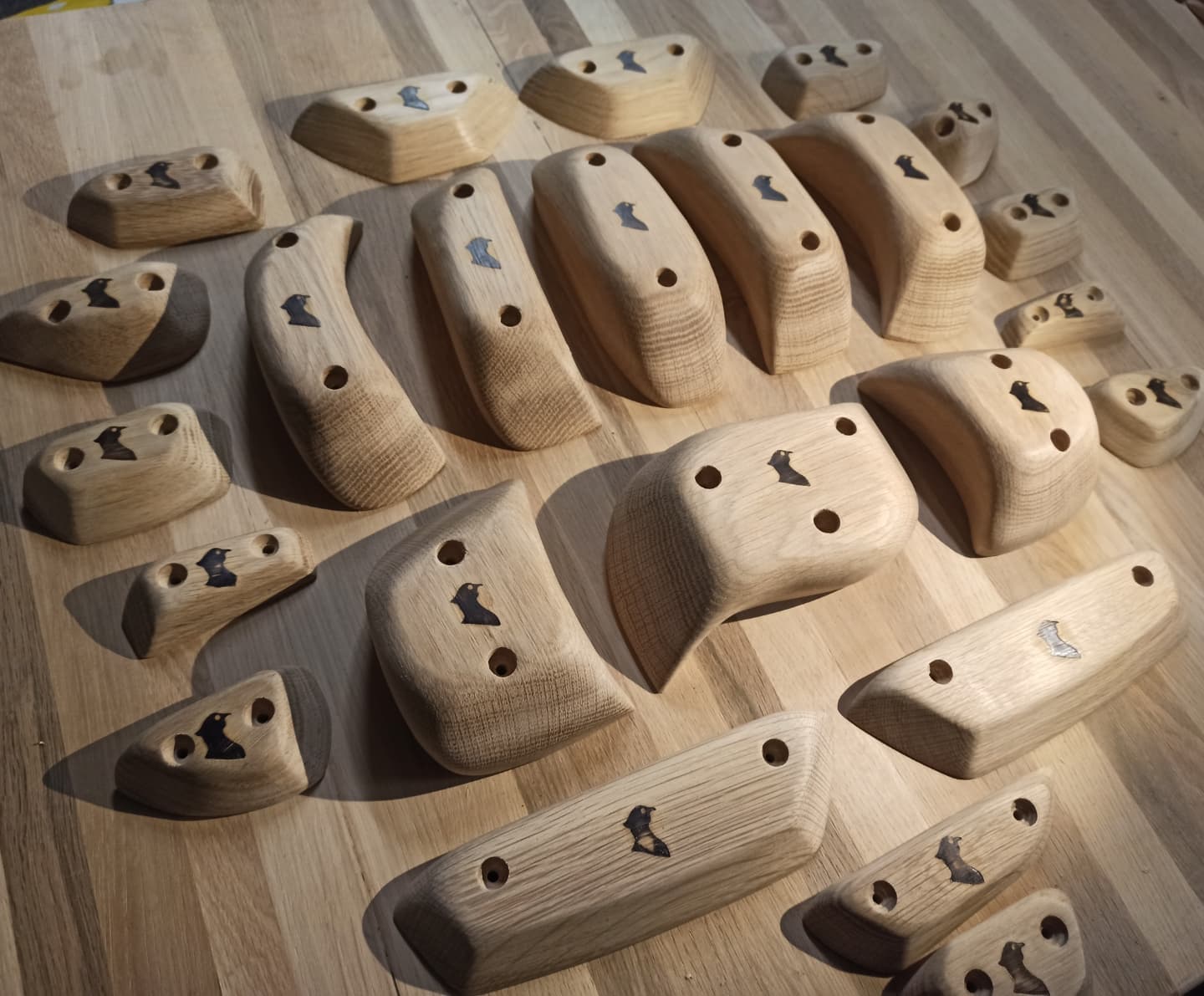 First sets to come out of the workshop in 2022. Back at work grafting away... New sets are in the pipeline as well as some one off mixed sets so keep tuned 👌😊
#climbing_lovers #indoorbouldering #woodenclimbingholds #woodenholds #oak #climbingholds #training4climbing #goodmorning