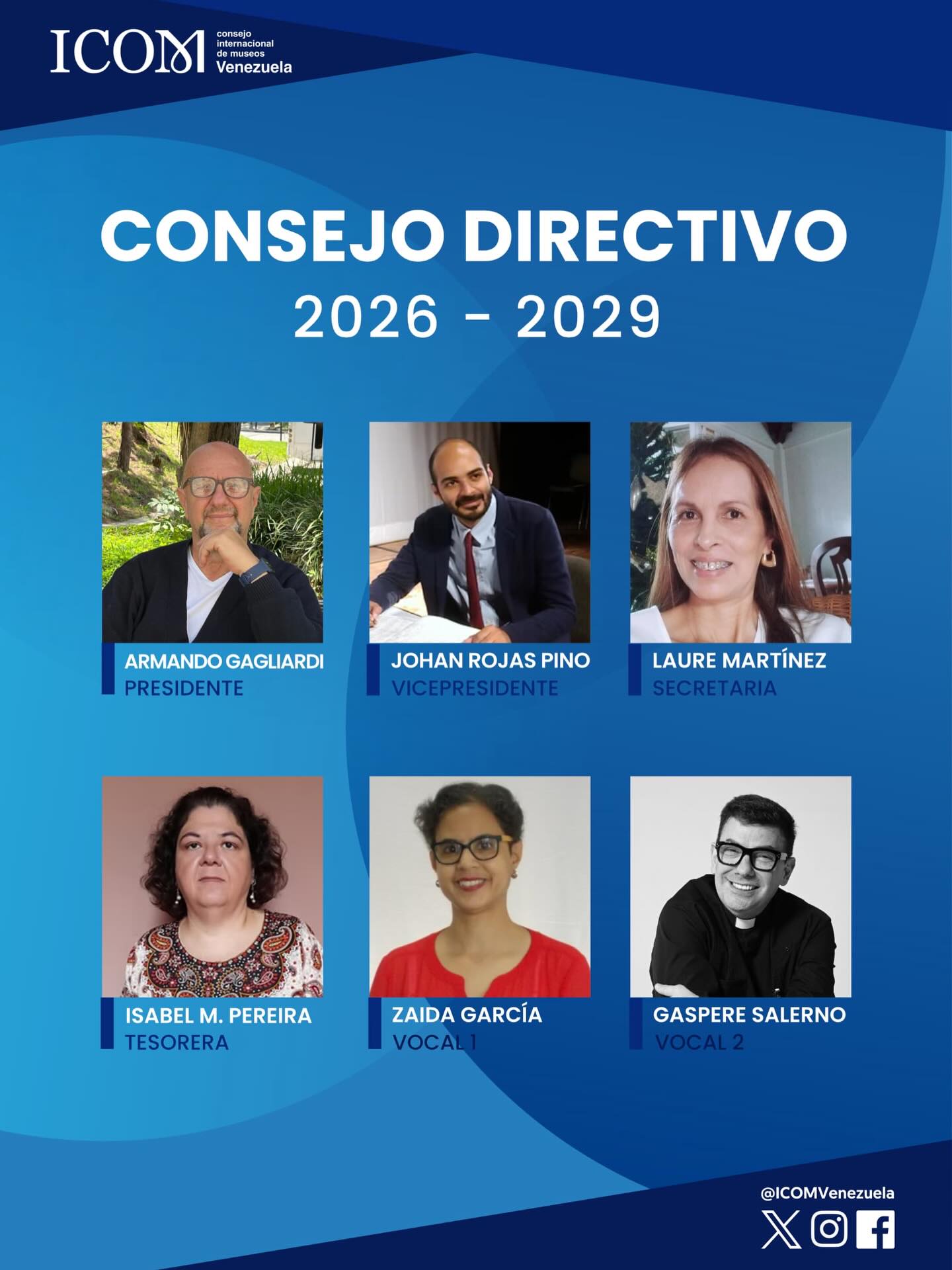 🎉 ¡ICOM VENEZUELA RENUEVA SU JUNTA DIRECTIVA PARA EL PERÍODO 2026-2029! 🏛️✨
En una jornada democrática que refleja la unión y vitalidad del sector museístico nacional, presentamos al equipo multidisciplinario que liderará los próximos años.
👏 La Asamblea Electoral ratificó su confianza en Armando Gagliardi @armando.gagliardigma , quien fue REELECTO como Presidente.
Lo acompañan:
🔹 Johan Rojas Pino @johanrop – Vicepresidente
🔹 Laure Martínez @laurebeatriz – Secretaria
🔹 Isabel M. De Pereira @idjesus2003 – Tesorera (ratificada)
🔹 Pbro. Dr. Gaspere Salerno Messina @rino_salerno_messina – Vocal
🔹 Zaida García Valecillo @zaidapatrimonio – Vocal (electa luego en Asamblea de Junta Directiva)
🙌 Un equipo que apuesta por la consolidación de los museos venezolanos en el escenario global, con diversidad geográfica y de especialidades. ¡A impulsar el debate, la formación y la defensa de nuestro patrimonio cultural!
💐 Un reconocimiento especial
La nueva directiva extiende su gratitud a la vicepresidenta saliente y anterior secretaria, @nathiam Nathiam Gabriela Vega Rodríguez, por su gestión, profesionalismo y dedicación al cumplir sus periodos en la Junta y que ahora lleva la secretaría de la Alianza Regional del ICOM para Latinoamérica y el Caribe @icom_lac . Su trayectoria y compromiso han sido fundamentales para el posicionamiento del capítulo venezolano y su proyección regional.
¡Muchos éxitos a la nueva Junta Directiva 2026-2029!
#ICOMVenezuela #Museos #PatrimonioCultural #NuevaJuntaDirectiva #MuseosVenezolanos GestiónCultural Cultura Relevo