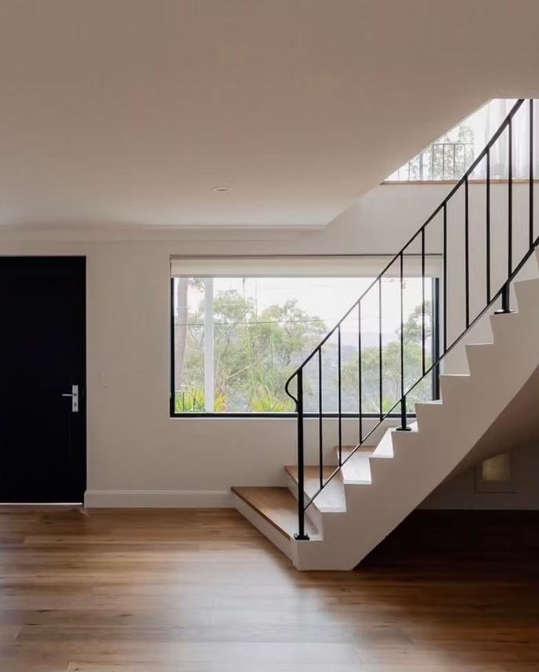 Elegant Custom Handcrafted Iron Stair Railings (Indoors and Outdoors)
# Matt Black. Square material. Custom profile grabrail.