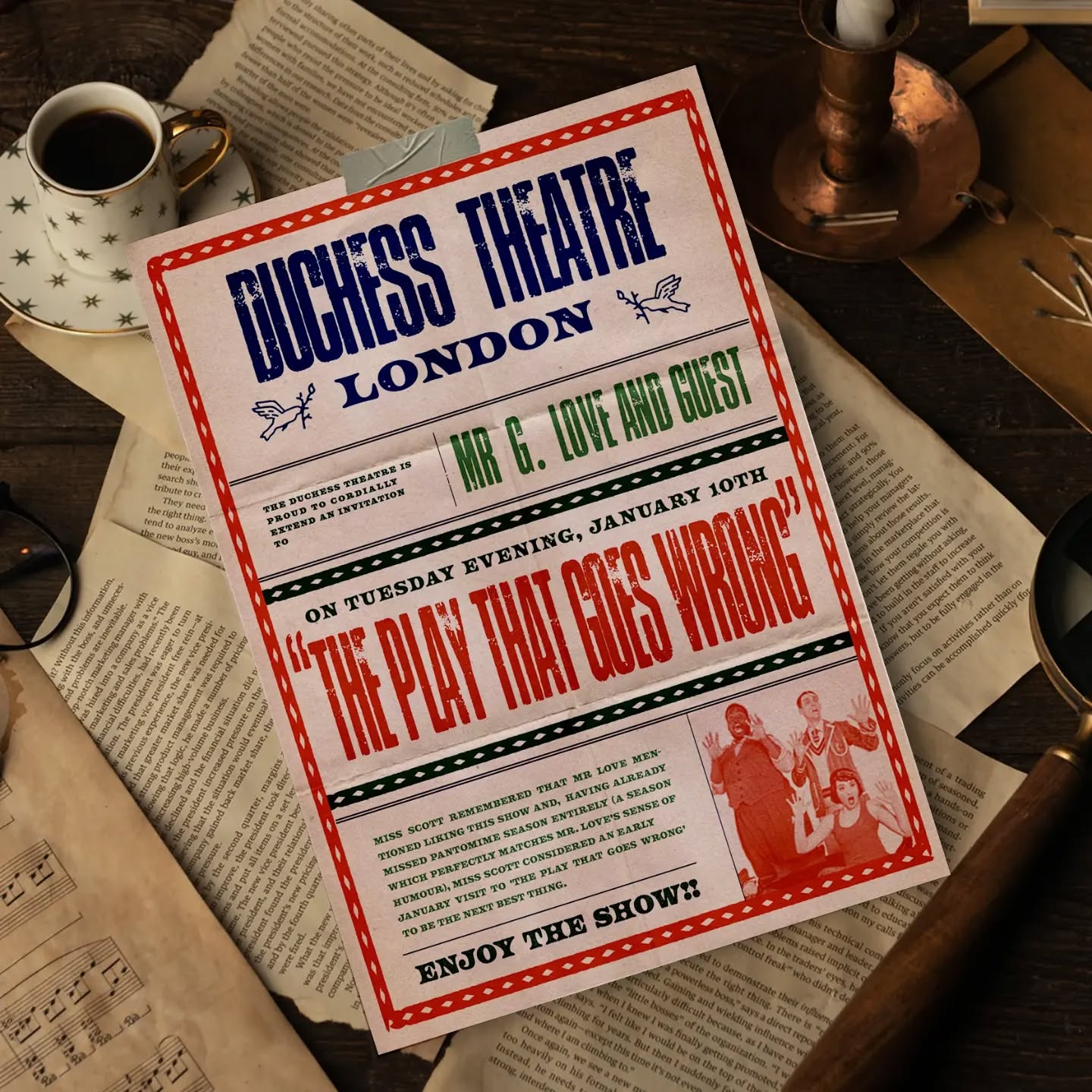 Designing gifts for my friends and family is one of my favourite ways to show I care - so this is a little poster designed for Gavin for a Christmas present. ( for reference, 'The Play That Goes Wrong' is proper belly-laugh funny and ridiculous, and definitely recommended for anyone in London!)
.
.
.
#theatre #theplaythatgoeswrong #theatreland #ephemera #letterpress #agraphicdesignermadethat #graphicsdaily #designdaily #London #broadway #theatreposter #travel #graphicdesign #freelancegraphicdesigner #presents