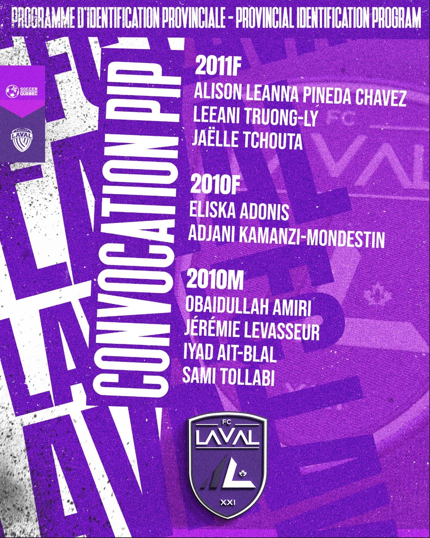 🎉 Félicitations à nos athlètes sélectionné·e·s au Programme d’Identification Provinciale (PIP) de Soccer Québec!
💜⚽️
🎉 Congratulations to our athletes selected for Soccer Québec’s Provincial Identification Program (PIP)!
💜⚽️