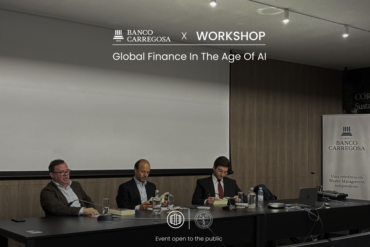 On February 23rd, the Católica Porto Investment Club hosted Global Finance in the Age of AI, in collaboration with Banco Carregosa.
The session explored AI’s impact on microeconomics and financial markets, featuring a roundtable moderated by Professor Gonçalo Faria, with contributions from Paulo Rosa, Mário Carvalho Fernandes, and Miguel Ricon Ferraz. The event also included a presentation of Paulo Rosa’s book, “Mercados e Economia nas Mãos da IA”, followed by a Finance Quiz, with a copy of the book as prize.
We extend our sincere thanks to the speakers, to Professor Gonçalo Faria for moderating, and to Banco Carregosa for partnering with us and facilitating a highly informative experience.
Católica Porto Investment Club
Your future. Your choice.