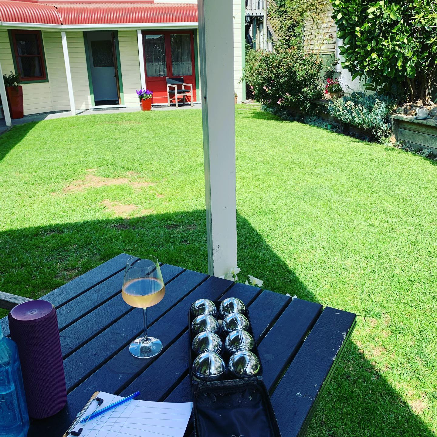 Boredom busting Boules with the Bubble Buddies at our Backpackers.