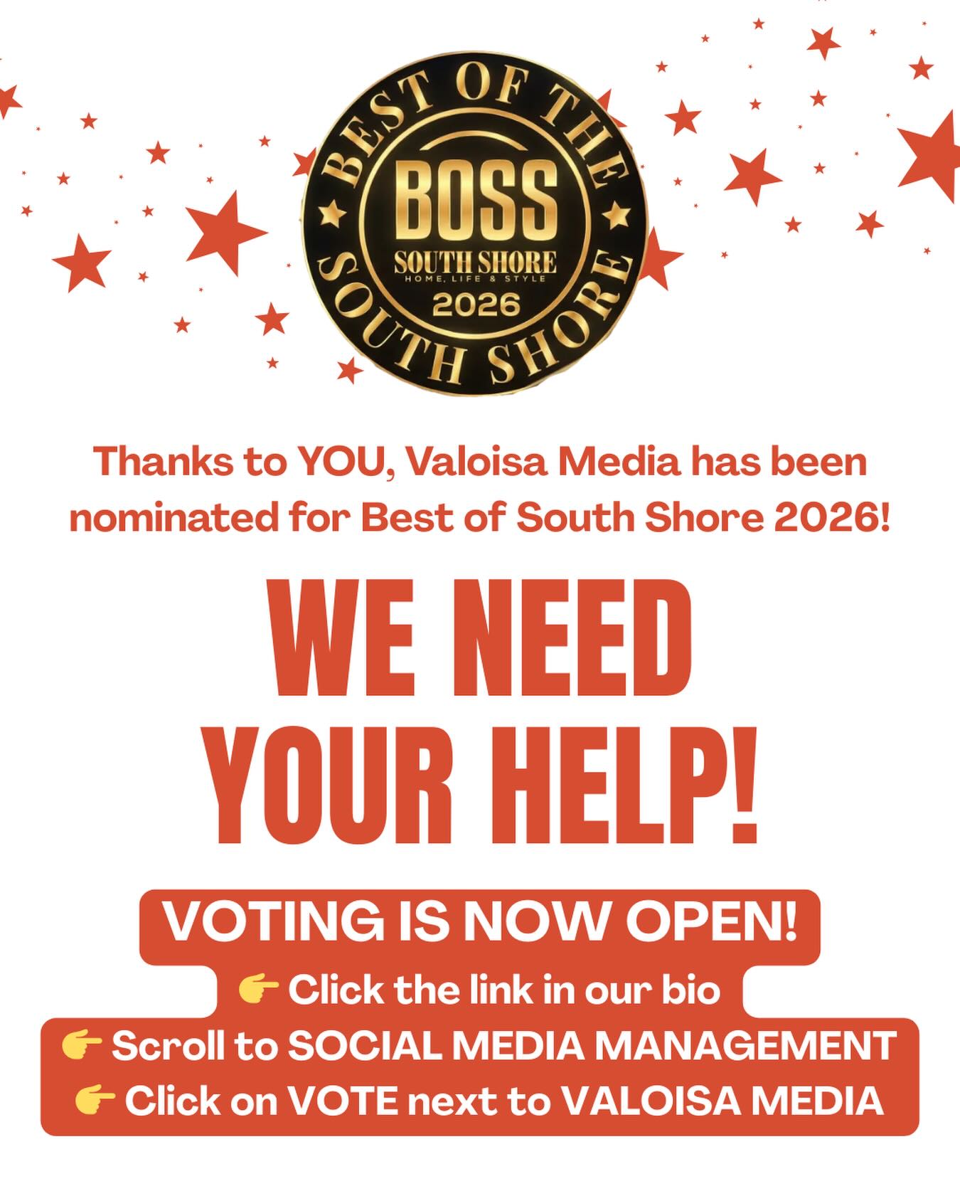 ATTENTION!🚨🧡👋 Great news: Valoisa Media has made it into final voting for the 2026 BOSS AWARDS! Last year was such a dream, and we’d be HONORED to take first place for the second year in a row.
BUT FIRST - We need your help!🌟
➡️ Click the link in our bio
➡️ Scroll down to SOCIAL MEDIA MANAGEMENT
➡️ Vote for ✨Valoisa Media✨
***You can vote daily until March 23rd.
Thank you to everyone who nominated us… Your support means the world 🌎. And a HUGE congratulations to all of our clients, friends, and fellow local biz owners who have made it to final voting. We’re doing the damn thing!👏
#valoisamedia #boss2026 #socialmediamanagement #contentcreation