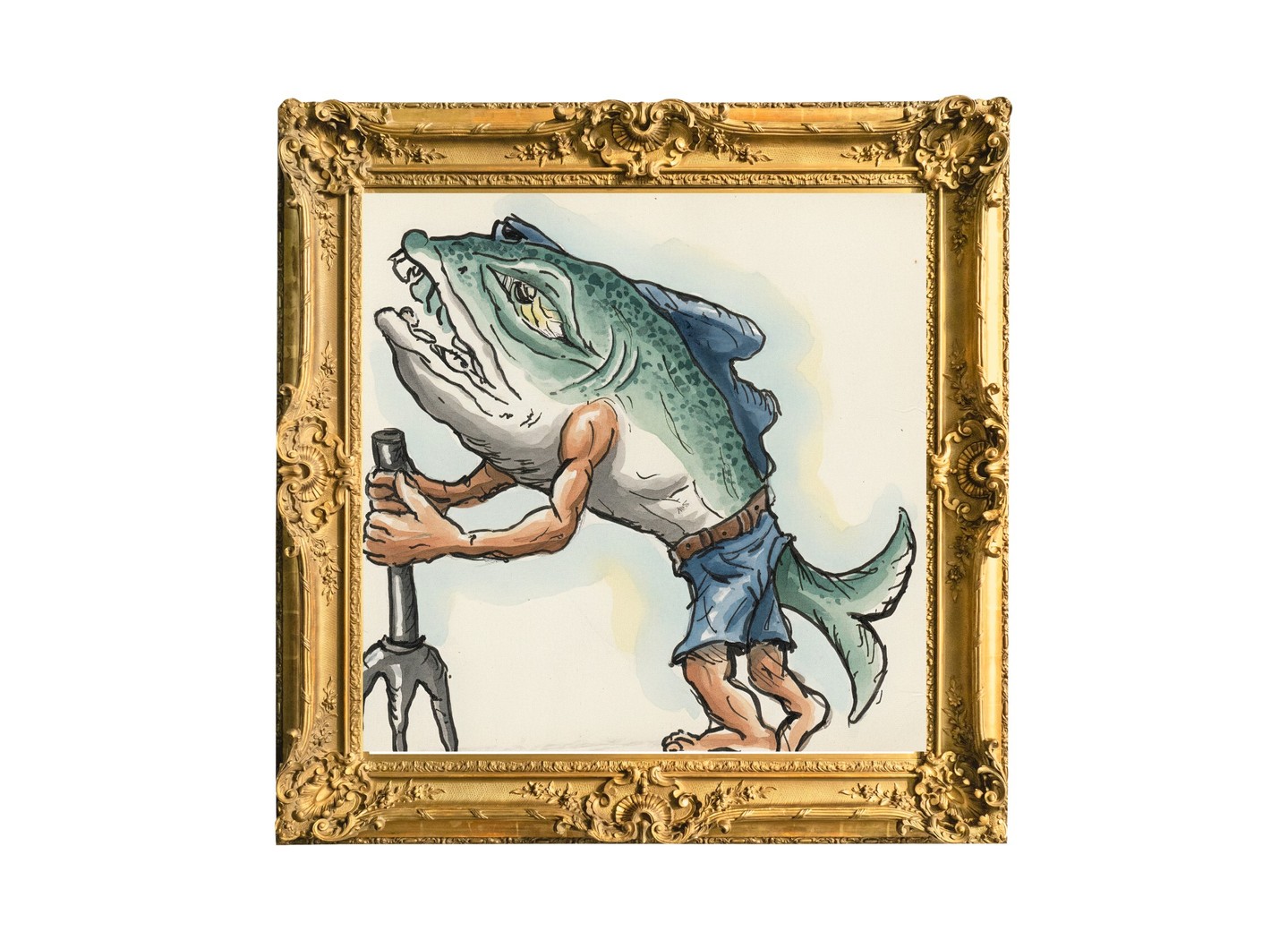 The artwork presents a strikingly imaginative hybrid figure that merges piscine and human anatomies with deliberate, almost scholarly precision. The creature’s fish-like head—complete with articulated fins, textured scales, and a forward‑facing gaze—contrasts sharply with the muscular human torso and limbs, creating a visual tension that feels both mythological and evolutionary. The trident it holds reinforces an aura of authority, suggesting a being that occupies a liminal space between deity, guardian, and anomaly of nature.
The ornate gold frame heightens the sense of classical reverence, as though this fantastical entity belongs to an alternate canon of Renaissance portraiture. The result is an image that feels simultaneously whimsical and intellectually provocative, inviting viewers to consider themes of transformation, hybridity, and the porous boundaries between species, myth, and imagination.