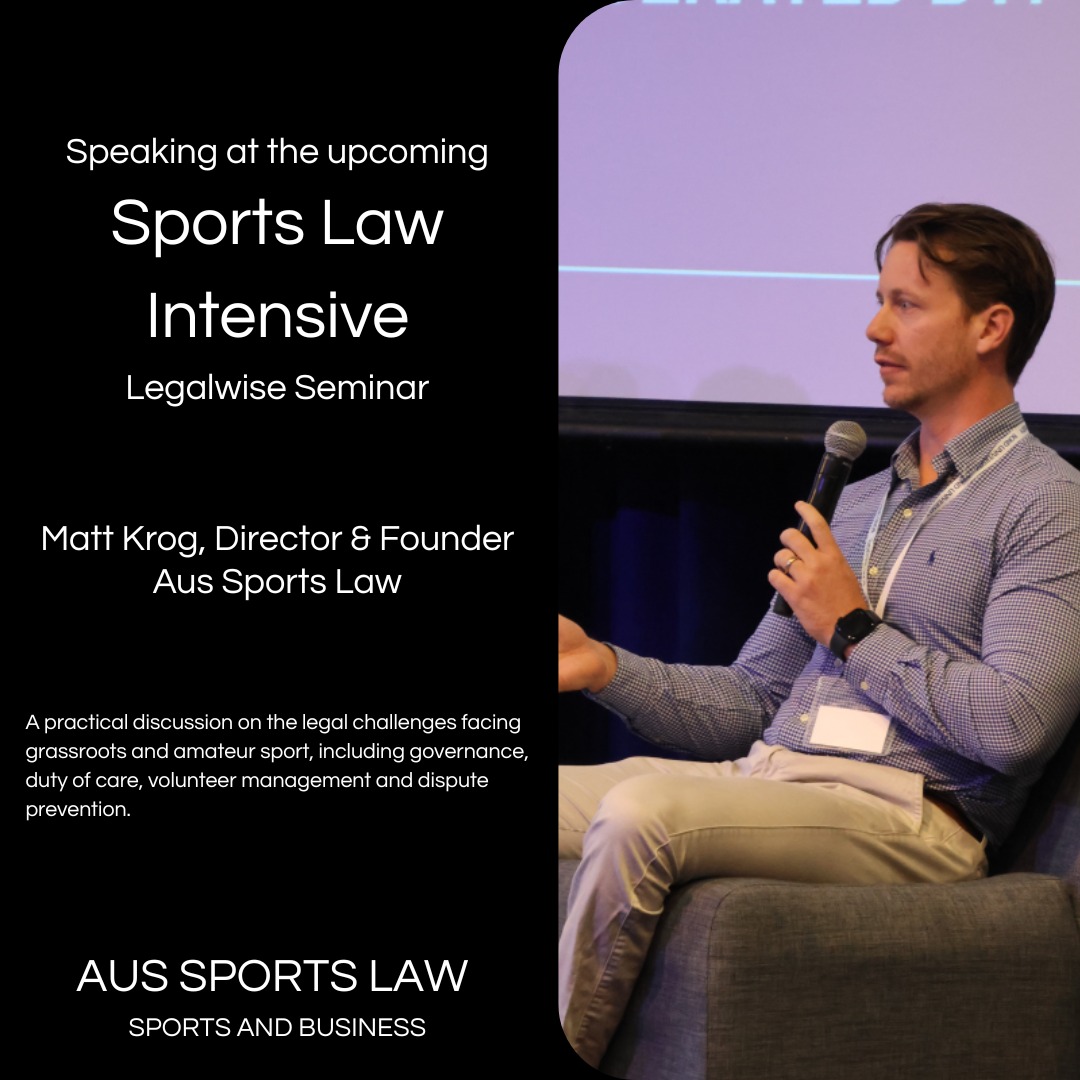 Grassroots and amateur sport organisations face increasing legal and governance pressures, often run by volunteers with limited resources.
Our Managing Director, Matt Krog, will be speaking at the upcoming Sports Law Intensive hosted by Legalwise on some of the key legal challenges affecting community sport, including governance, duty of care, volunteer management and dispute prevention.
We're looking forward to contributing to the discussion on how sporting organisations can better manage risk while continuing to grow participation.
The session runs on 17 March 2026, and you can register for the session on the Legalwise website.