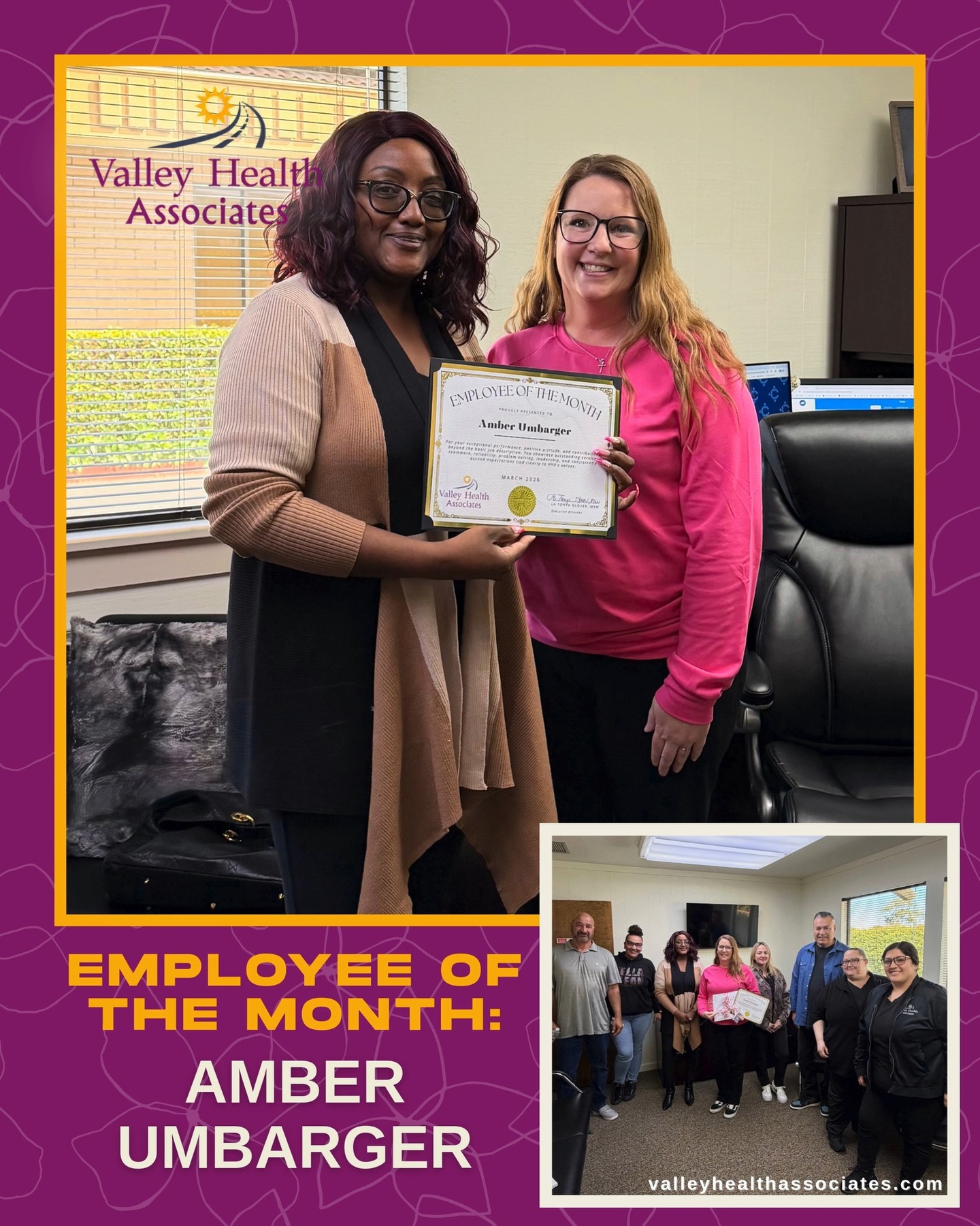 Congratulations Amber!
Our March Employee of the Month is Amber Umbarger at Valley Health Associates.
She was selected by her peers for her dedication to helping the community and supporting her team's responsibilities.
#ValleyHealthAssociates #VHA #EmployeeoftheMonth #NonProfit #MontereyCounty