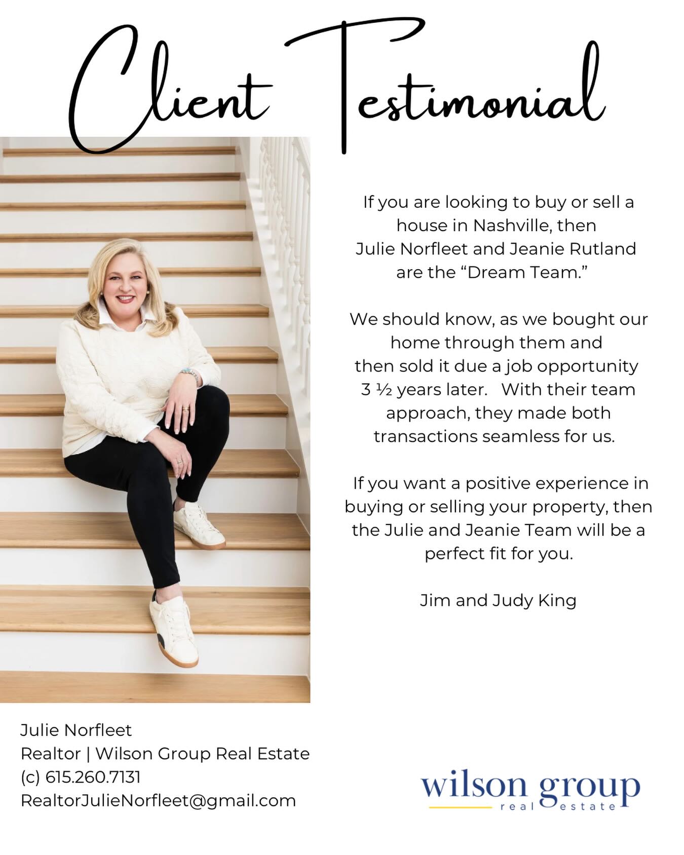 💙Client Love💙
Jim and Judy King were repeat clients — we helped them buy their Nashville home and, 3½ years later, had the honor of helping them sell it in Bellevue when a new job opportunity came along.
Here’s what they shared about their experience working with Jeanie Rutland and I:
“If you are looking to buy or sell a house in Nashville, then Julie and Jeanie are the ‘Dream Team.’ We should know, as we bought our home through them and then sold it due to a job opportunity 3½ years later. With their team approach, they made both transactions seamless for us…”
They highlighted everything from helping them find the right home and navigate last-minute paperwork before closing, to preparing their property for the market with trusted professionals and a customized marketing plan designed specifically for their home.
Testimonials like this mean so much — especially from repeat clients. Trust is everything in real estate, and being asked to guide someone through not just one, but two major transitions is something I never take for granted.
And while Jeanie and I don’t always work together on every transaction, teaming up — especially with one of my best friends — to serve amazing clients makes it even more rewarding (and yes, more fun 😊).
If you’re thinking about buying or selling in Nashville, I’d love to help you create a smooth, strategic, and positive experience from start to finish. ♥️ 🏡