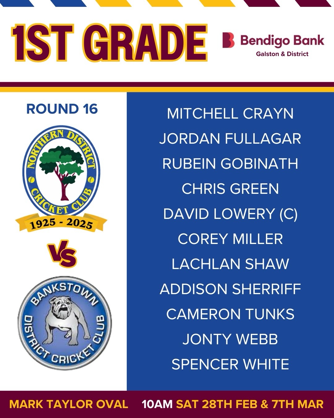 Men’s Teams are in! 🌳
Proudly brought to you by Bendigo Bank – Galston & District