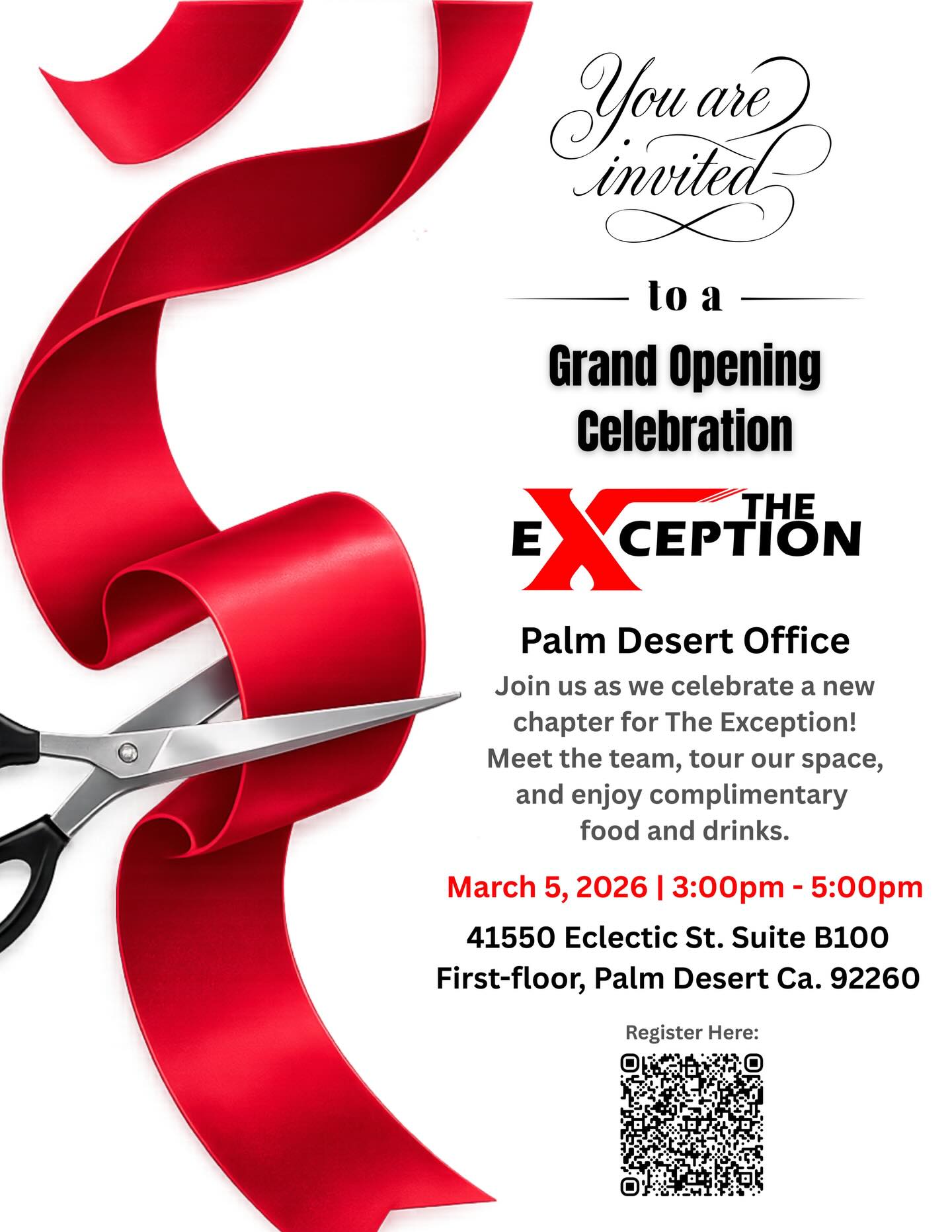 We’re officially opening our Palm Desert office!📍
A new space dedicated to mentorship, support, and community connection.🤝
Join us for our ribbon-cutting celebration as we mark this exciting milestone and look ahead to the work still to come.
#theexception #grandopening #palmdesert #coachellavalley #familyservices