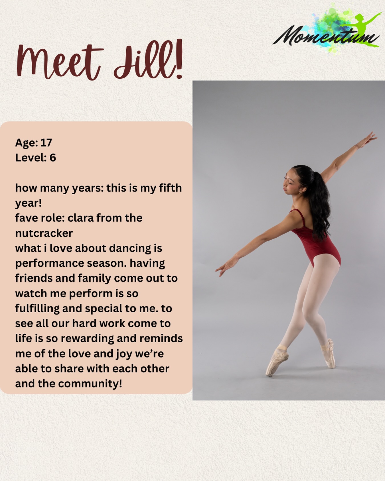 Spotlight time! 🌟 This month, we’re featuring the incredible Jill! 💖
Jill is the definition of giving 100%. Whether she’s working hard in the classroom, mentoring our younger students, or absolutely shining on stage, she brings 100% heart to everything she does. ✨
Come watch her sparkle as Tiger Lily in our upcoming Peter Pan Ballet! 🩰🌸