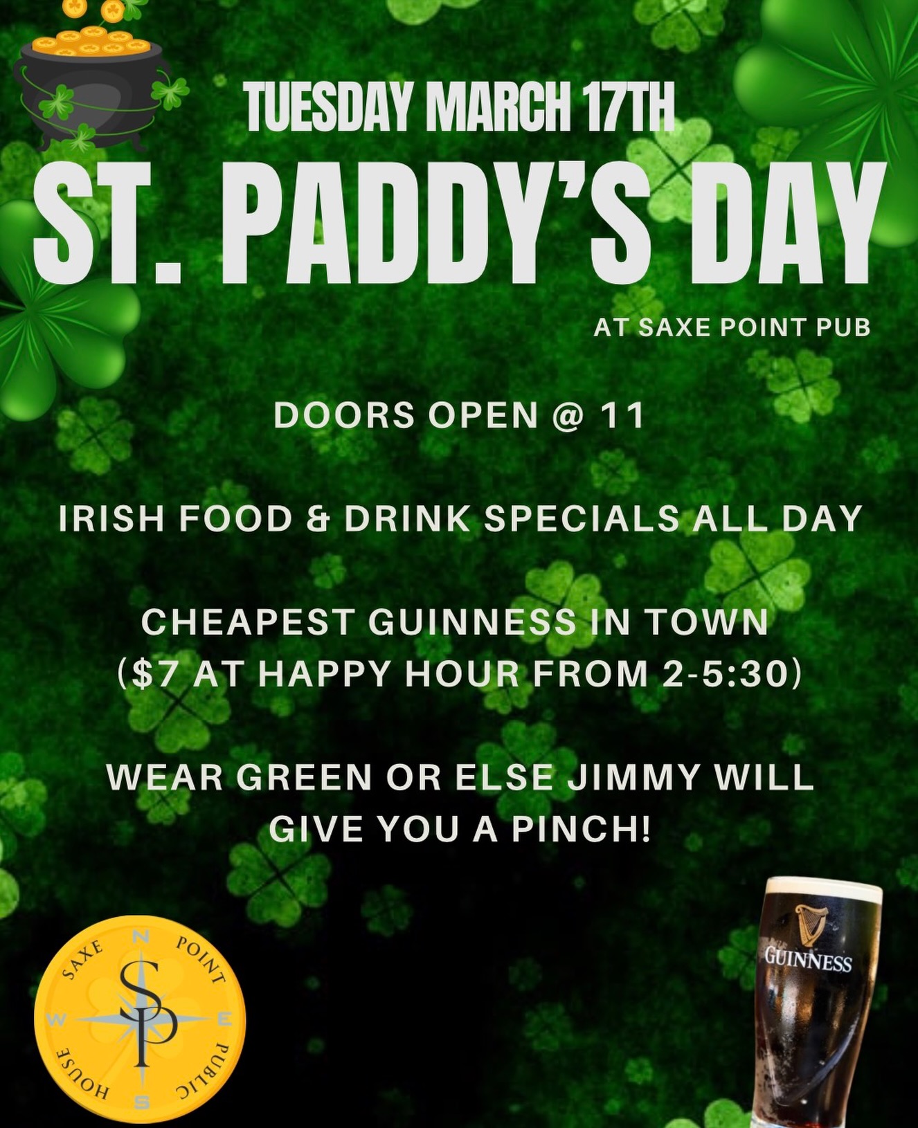 St. Paddy’s Day = The day that everyone turns 12% Irish 🤭💚
What are YOUR plans March 17th? You won’t want to miss out on the party that will be happening here! How can you resist drinking the cheapest Guinness in town while nibbling on some delicious Irish favs?!🤤
Food specials:
Fried Pickles
Corned Beef Sandwich
Irish Stew
Rum & Raisin Bread Pudding
Doors open @ 11! Wear your green or else you may fall victim to a pinch from Jimmy 🤷♂️ See you then?
.
.
.
.
#stpaddysday #yyjevents #yyjlocal #esquimalt #thingstodoyyj