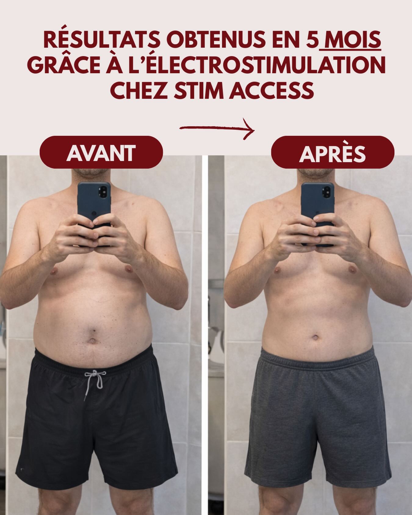 Avant après d’un de nos clients ⭐️
Encore une fois félicitations à lui pour ces beaux résultats 👏
#ems #stimaccess #pertedepoids