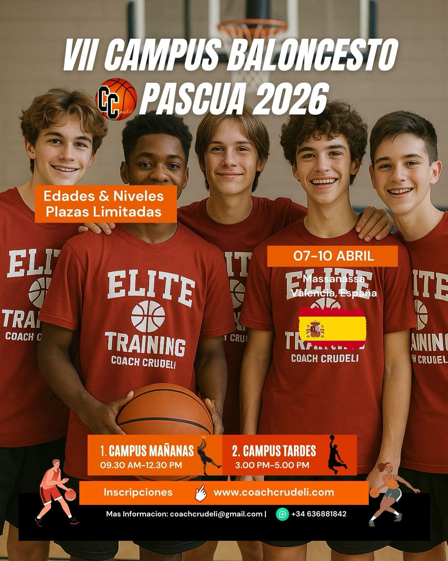 🏀Campus Tecnificación “Pascua” 2026 - Skills Camp
👉🏻 Descripción del Campus
📍Fechas: 7,8,9 & 10 Abril de 2026
📍Ubicación: Massanassa, Valencia - España
📍Edades: Todas las edades y niveles
🏀Entrenador: @coachcrudeli
El Campus Tecnificación “Pascua” 2026 es una experiencia de 4 días llena de acción, centrada en el desarrollo de habilidades, el trabajo en equipo y la estrategia de juego.
Campus 1 - Tecnificación Mañanas- Skills Camp 26
Mañanas: (9.30 - 12:30) - “Todas las edades y niveles” Grupo reducido
Descripción: Desarrollo de fundamentos en grupo reducido, bote, pase, tiro, finalizaciones, 1x1,2x2.
Campus 2 - “Tecnificación Tardes” -
Sino puedes asistir por la mañana, no te preocupes! Tenemos grupo reducido de trabajo en horario de 3-5pm. “Solo canasta grande”
Toda la información en www.coachcrudeli.com o WhatsApp +34 636881842
#basketballcamp #basketball #skillscamp #basketballneverstops🏀 #trustheprocess
